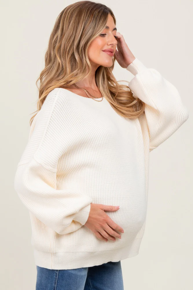 Cream Balloon Sleeve Boat Neck Knit Maternity Sweater - Image 4