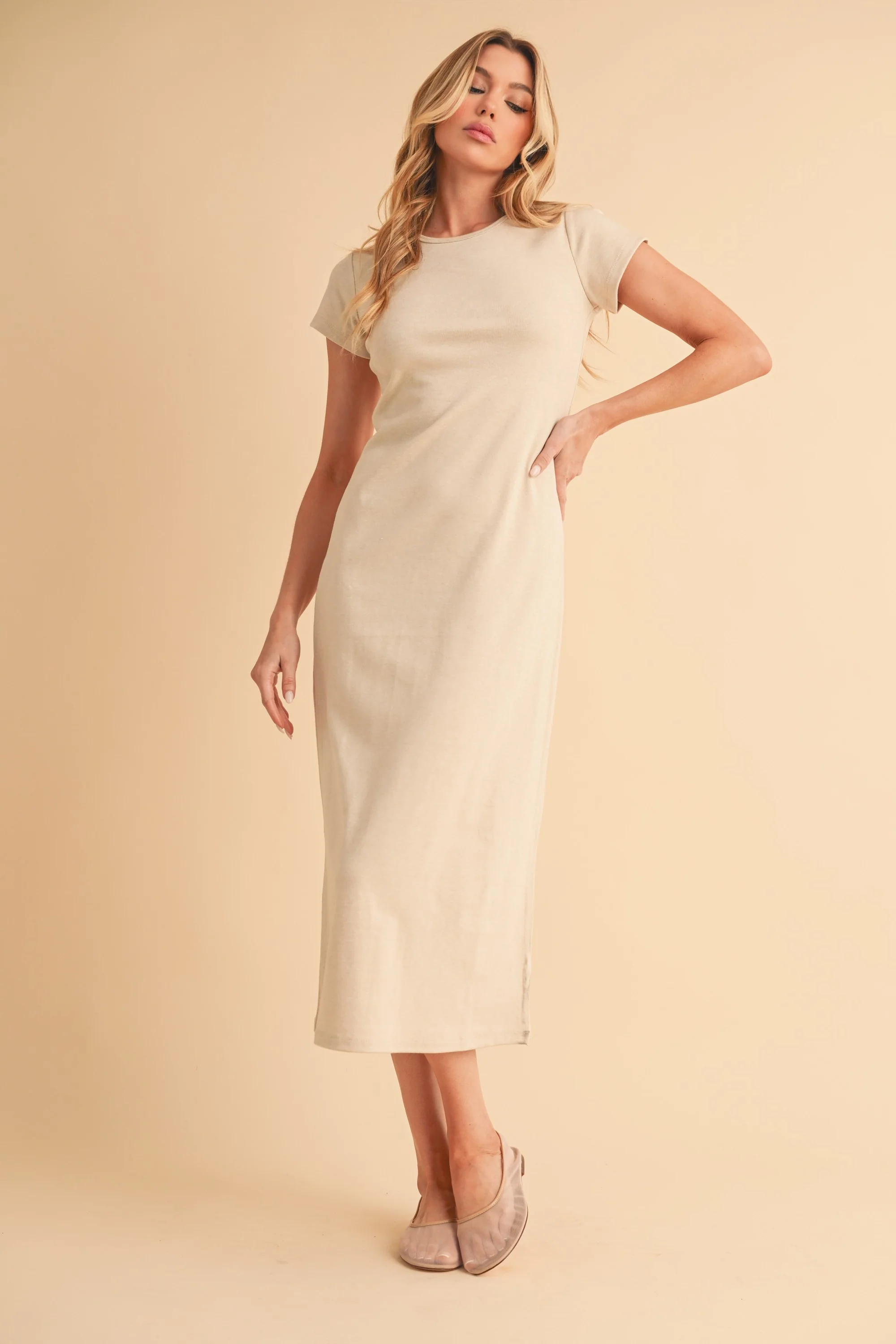 Cream Basic Crewneck Midi Dress - Image 2