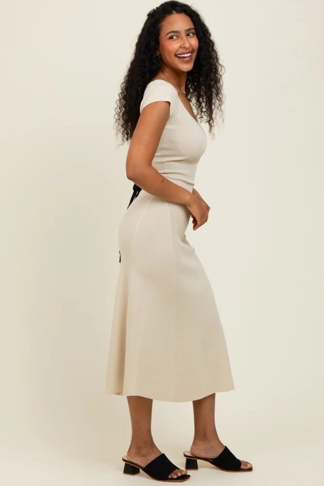 Cream/Black Short Cap Sleeve Tie Back Sweater Midi Dress - Image 3