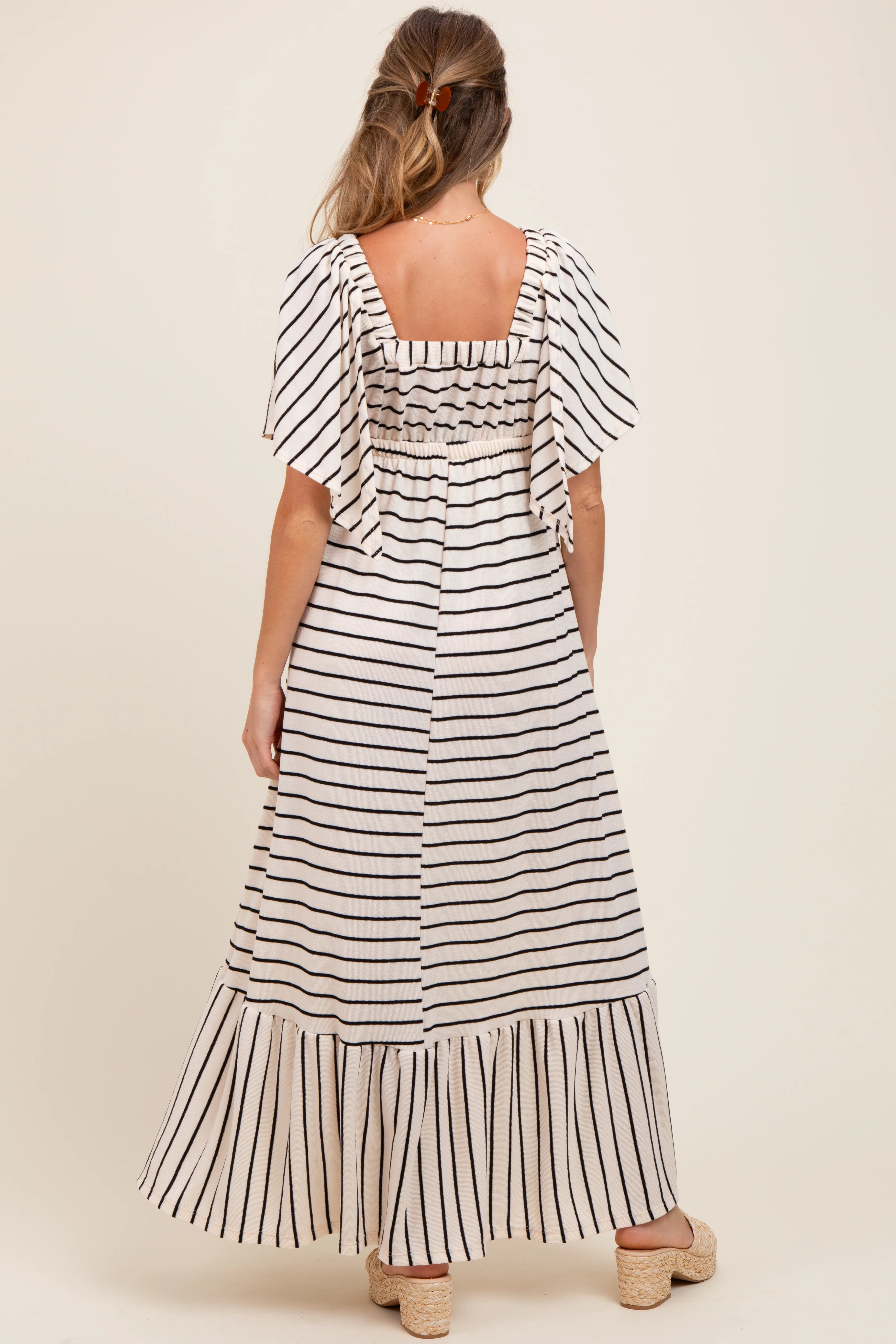 Cream/ Black Stripe Knit Flutter Sleeve V-Neck Tiered Maternity Maxi Dress - Image 3
