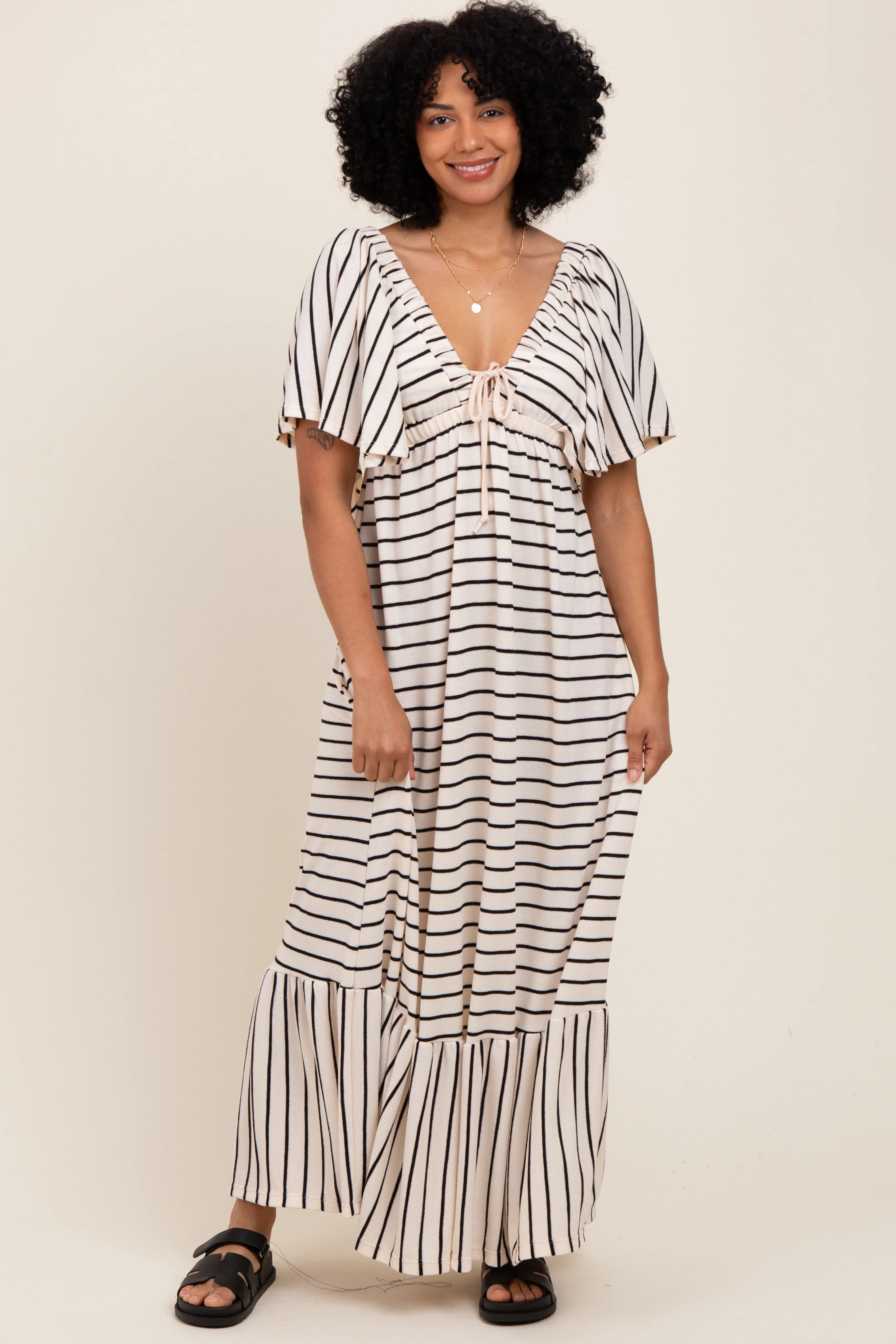 Cream/ Black Stripe Knit Flutter Sleeve V-Neck Tiered Maxi Dress - Image 2