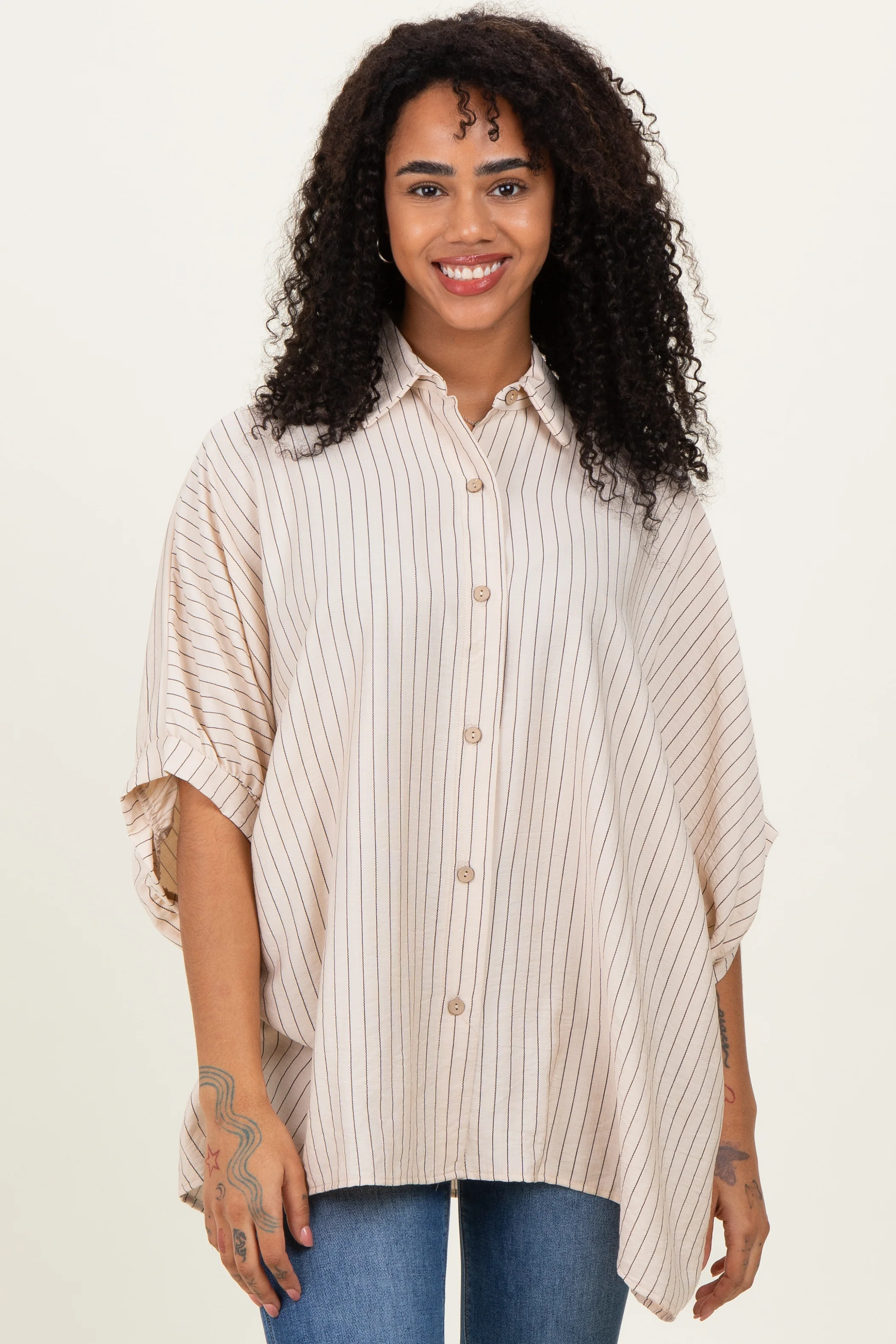 Cream/Black Striped Short Sleeve Collared Button Down Blouse
