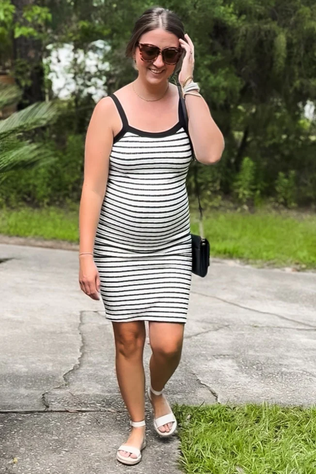 Cream/Black Striped Sleeveless Maternity Bodycon Knit Dress - Image 4