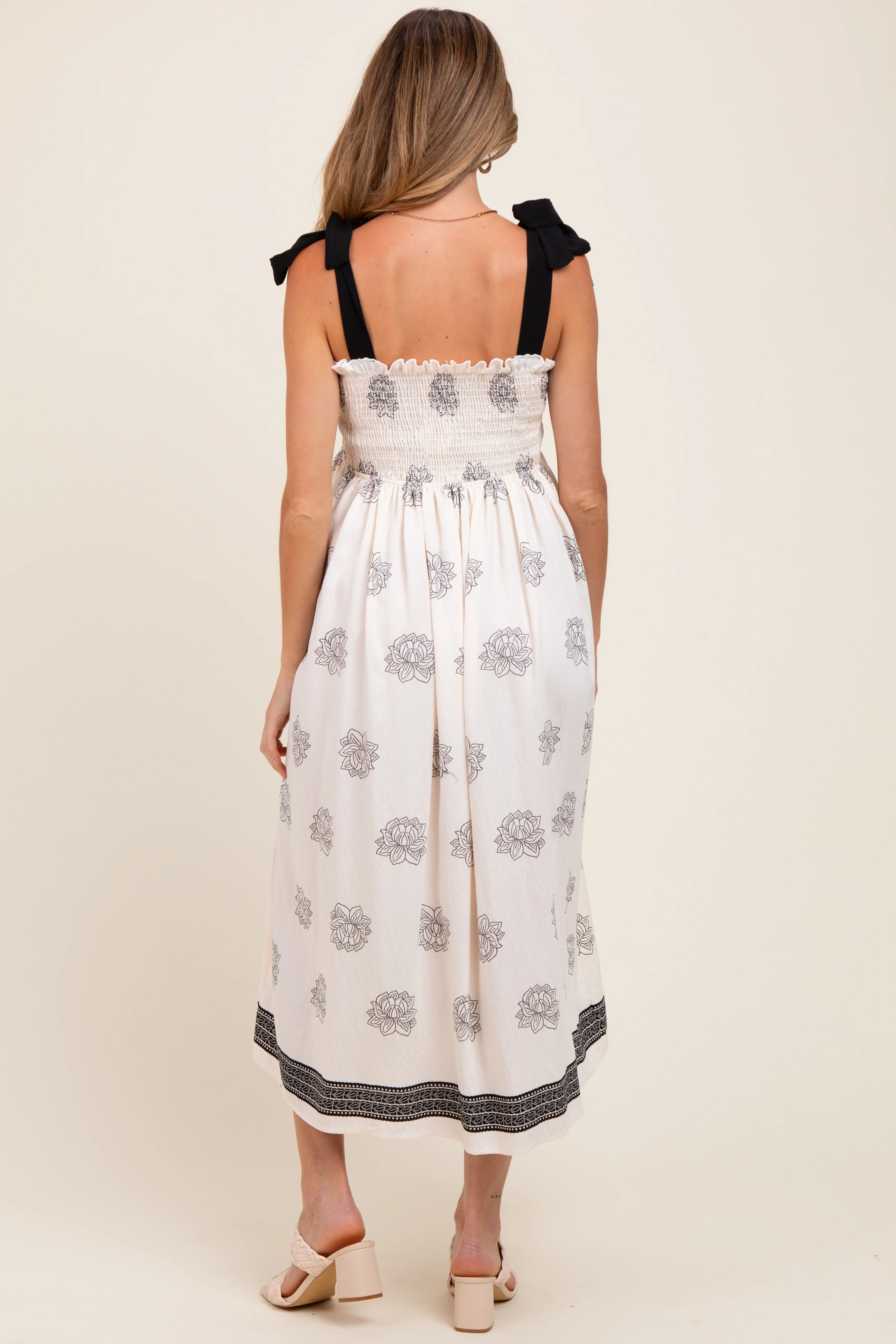 Cream/Black Vintage Floral Border Printed Smocked Top Sleeveless Maternity Maxi Dress - Image 4