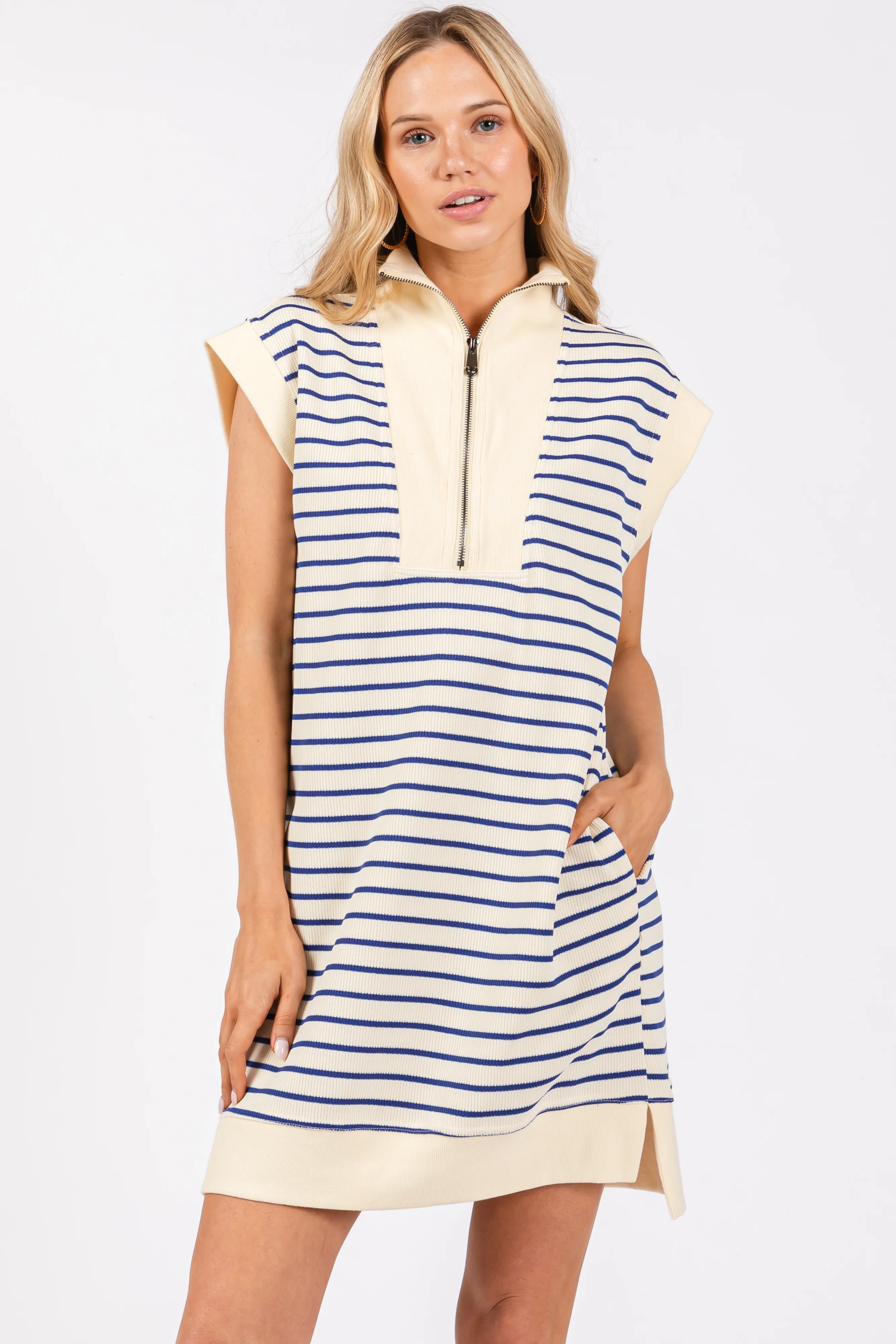Cream Blue Striped Maternity Mini Dress - Image 4