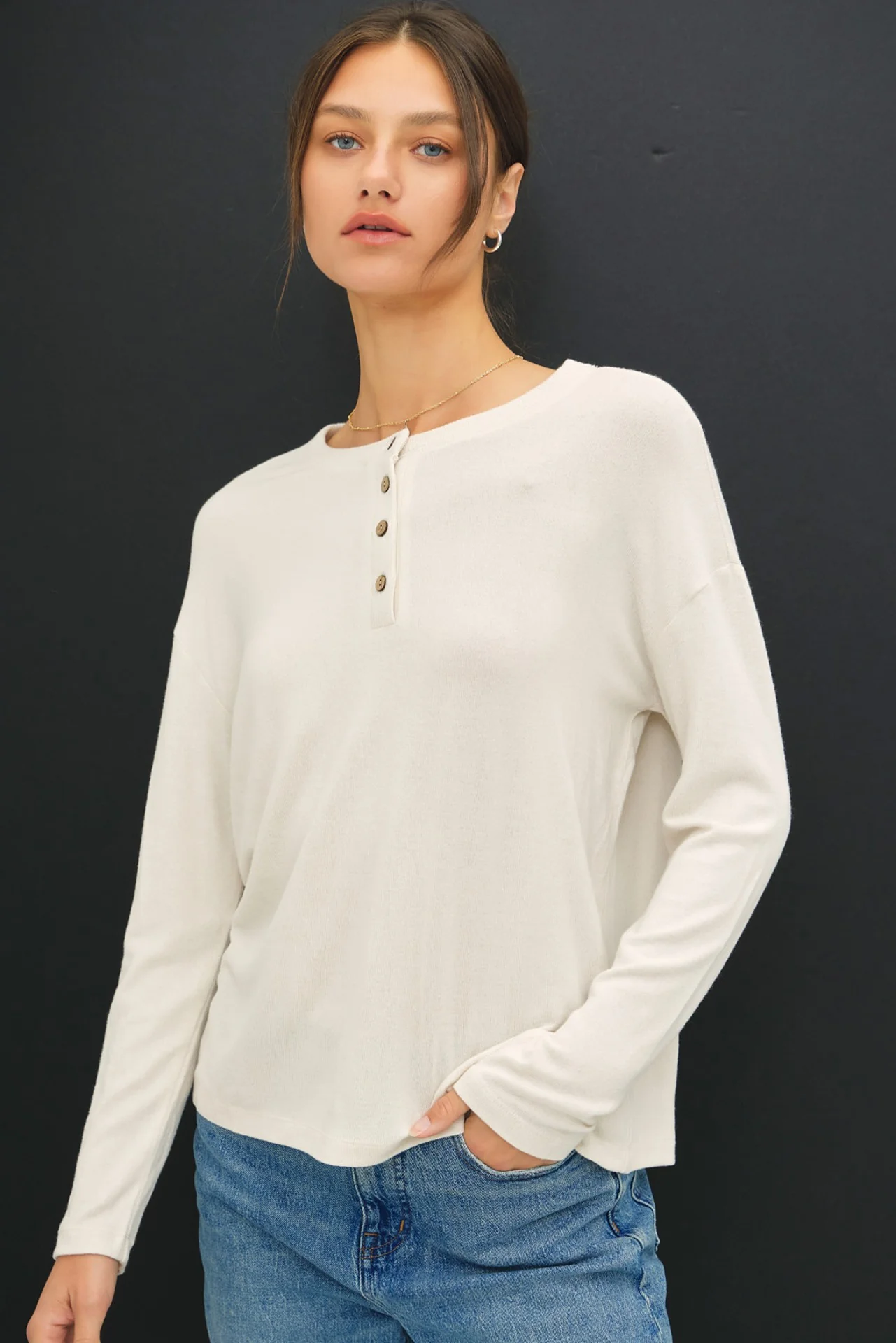 Cream Brushed Knit Henley Maternity Top - Image 5