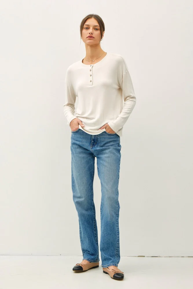 Cream Brushed Knit Henley Top - Image 3