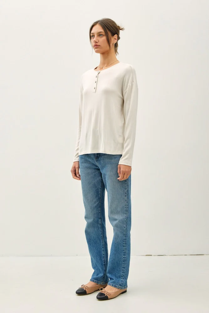 Cream Brushed Knit Henley Top - Image 4