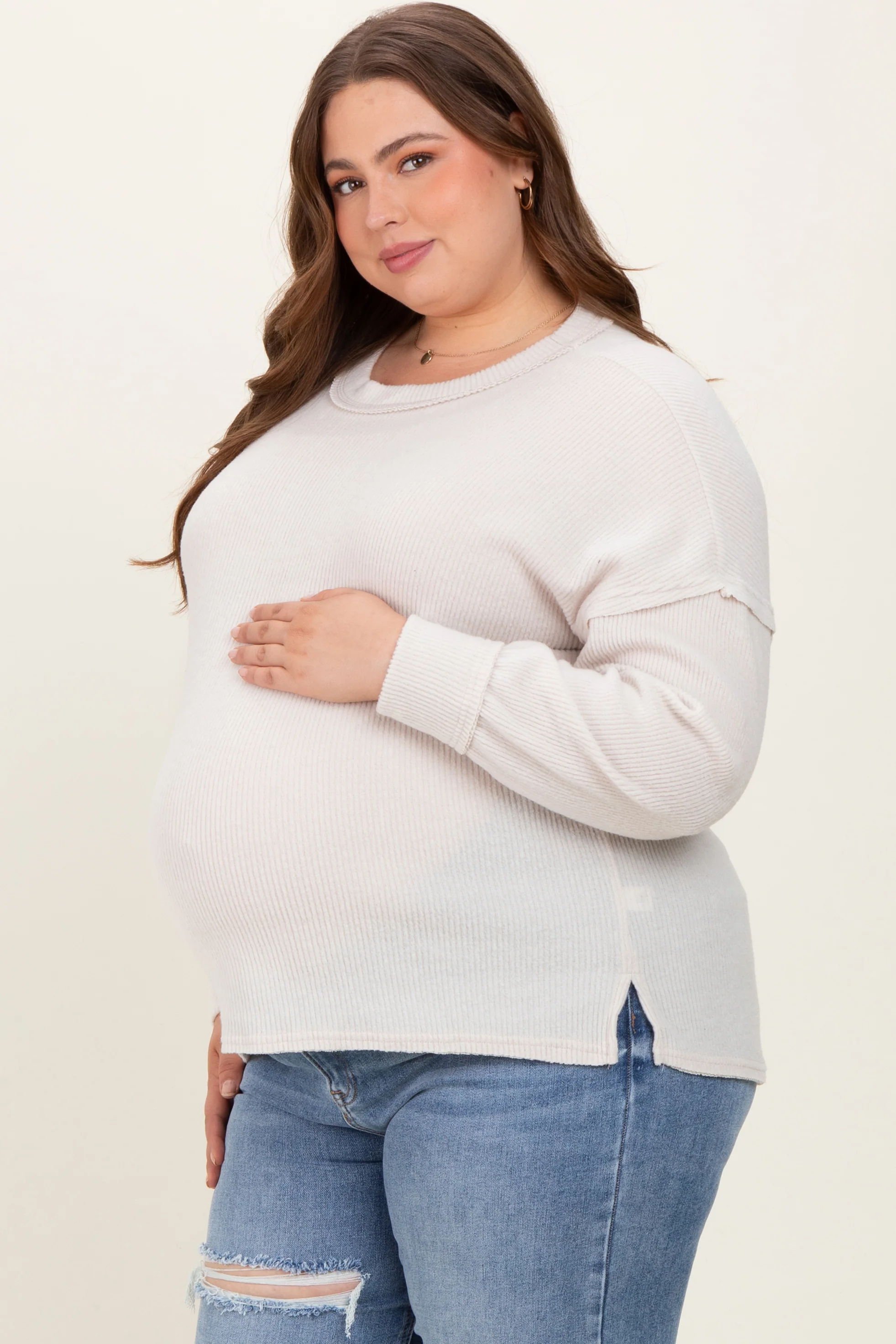 Cream Brushed Ribbed Knit Maternity Plus Pullover - Image 3