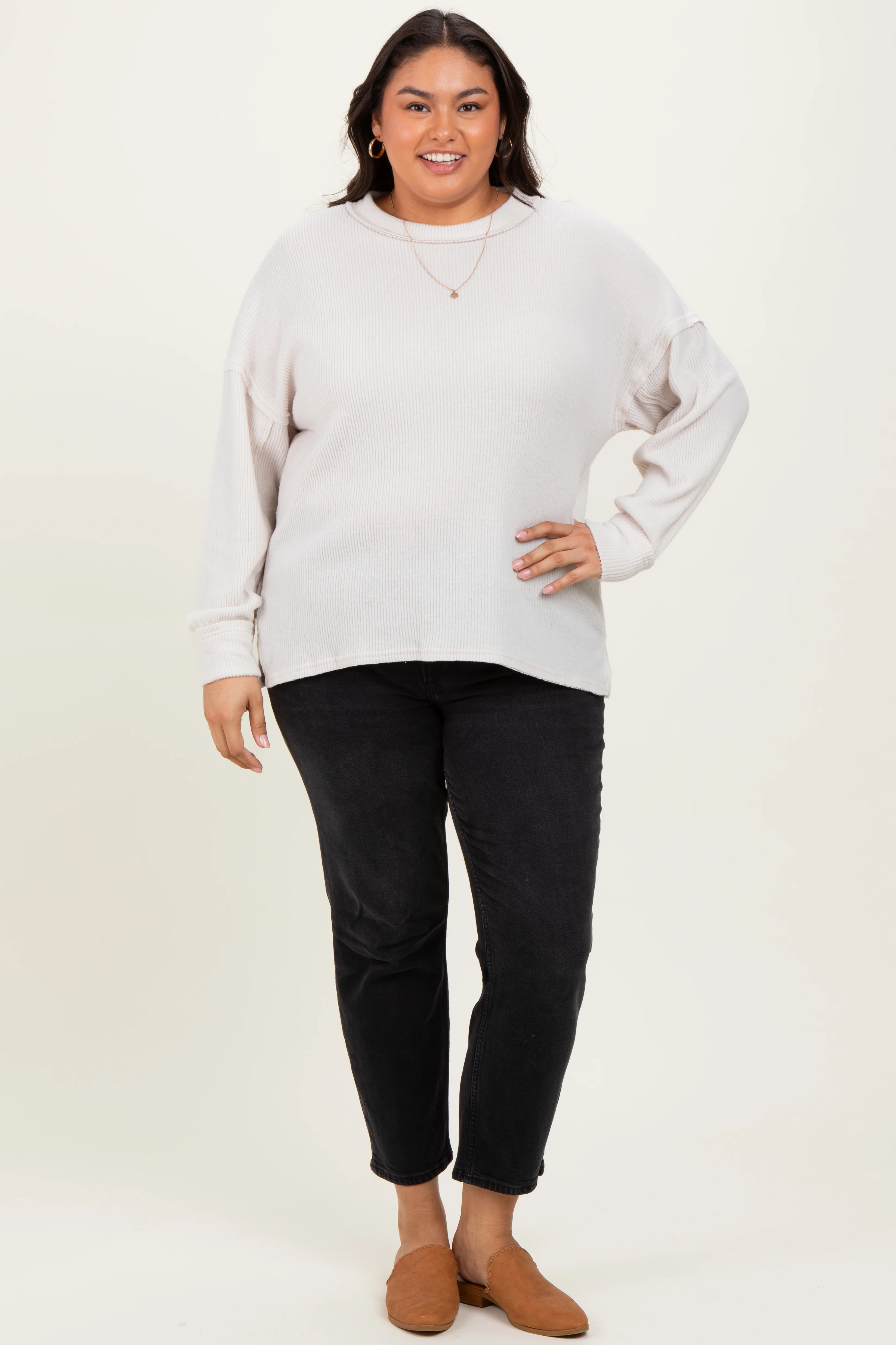 Cream Brushed Ribbed Knit Plus Pullover - Image 2