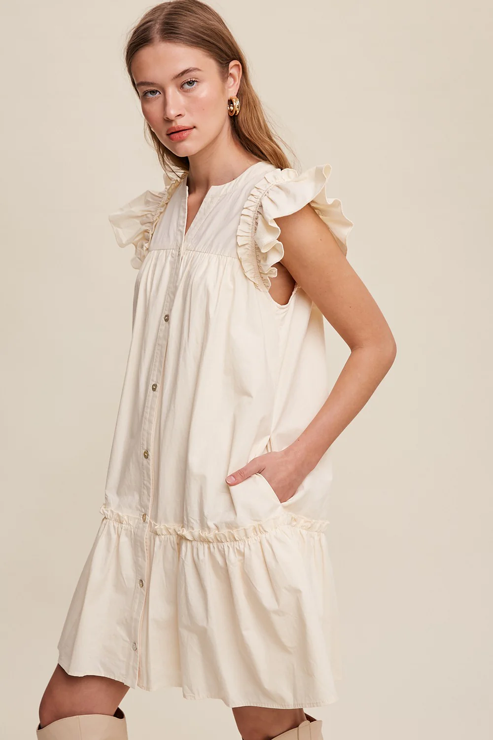 Cream Button Down Dress With Ruffle Sleeves - Image 2