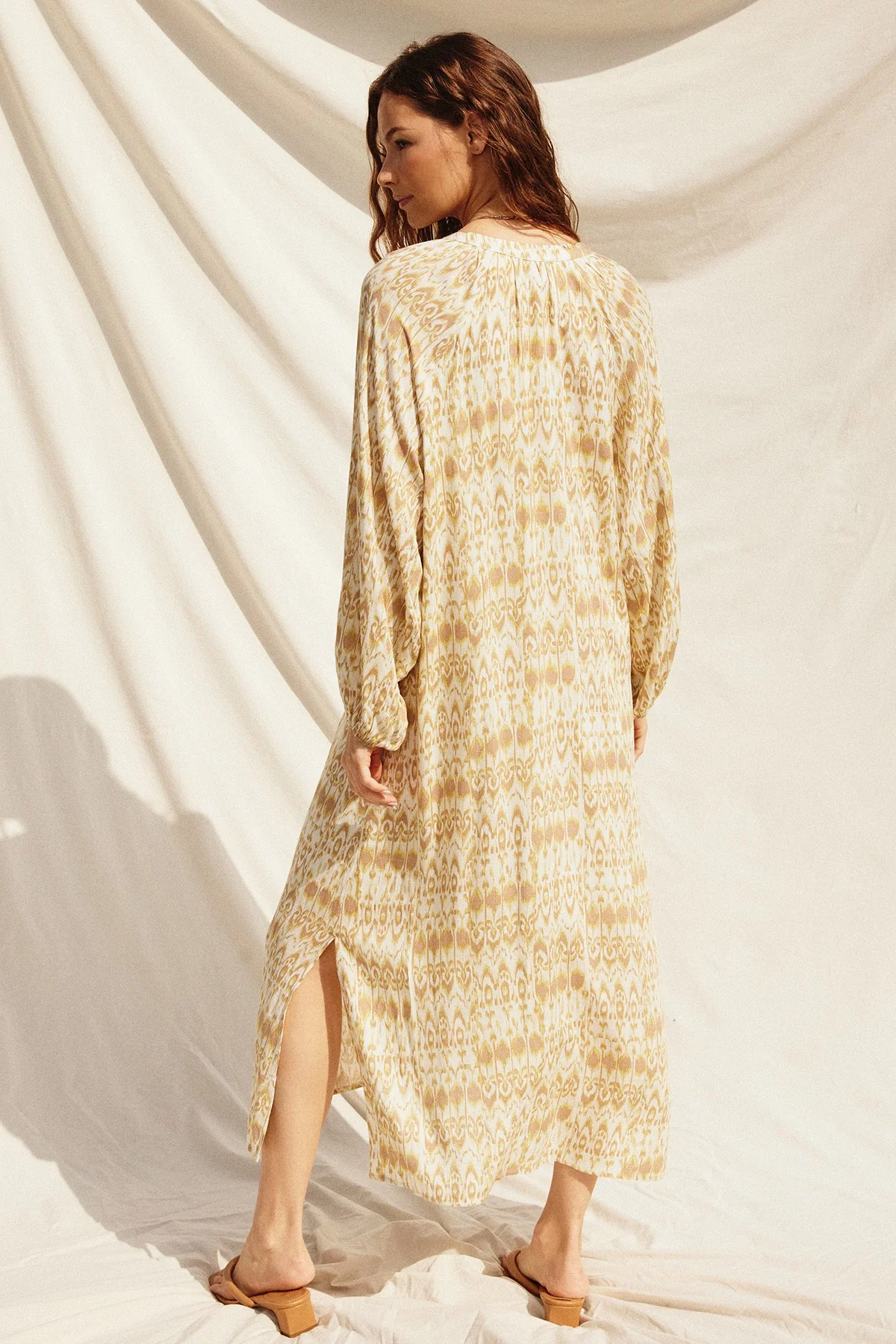 Cream Button Front Split V-Neck Side Slit Midi Dress - Image 2