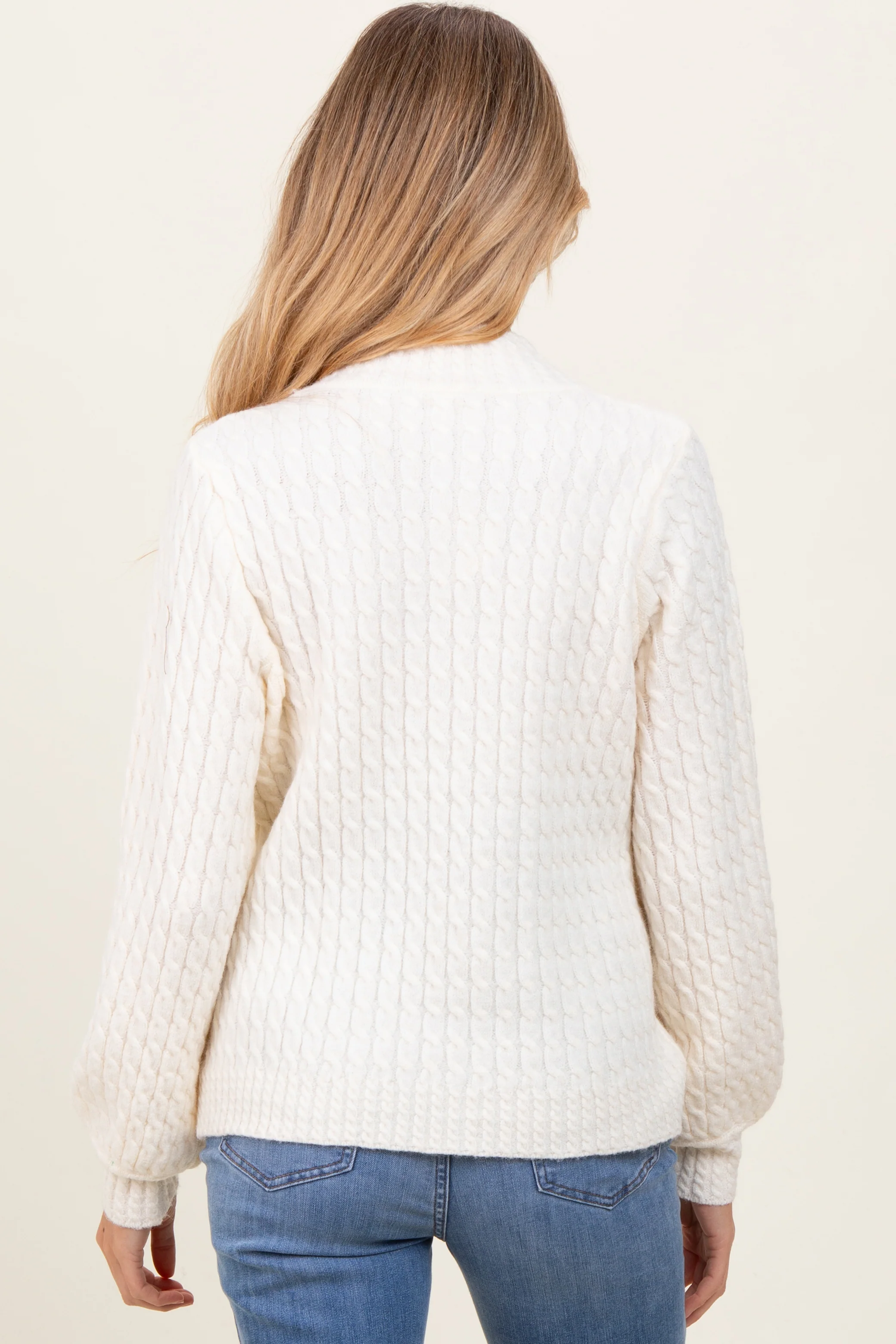 Cream Cable Knit Mock Neck Bubble Sleeve Maternity Sweater - Image 4