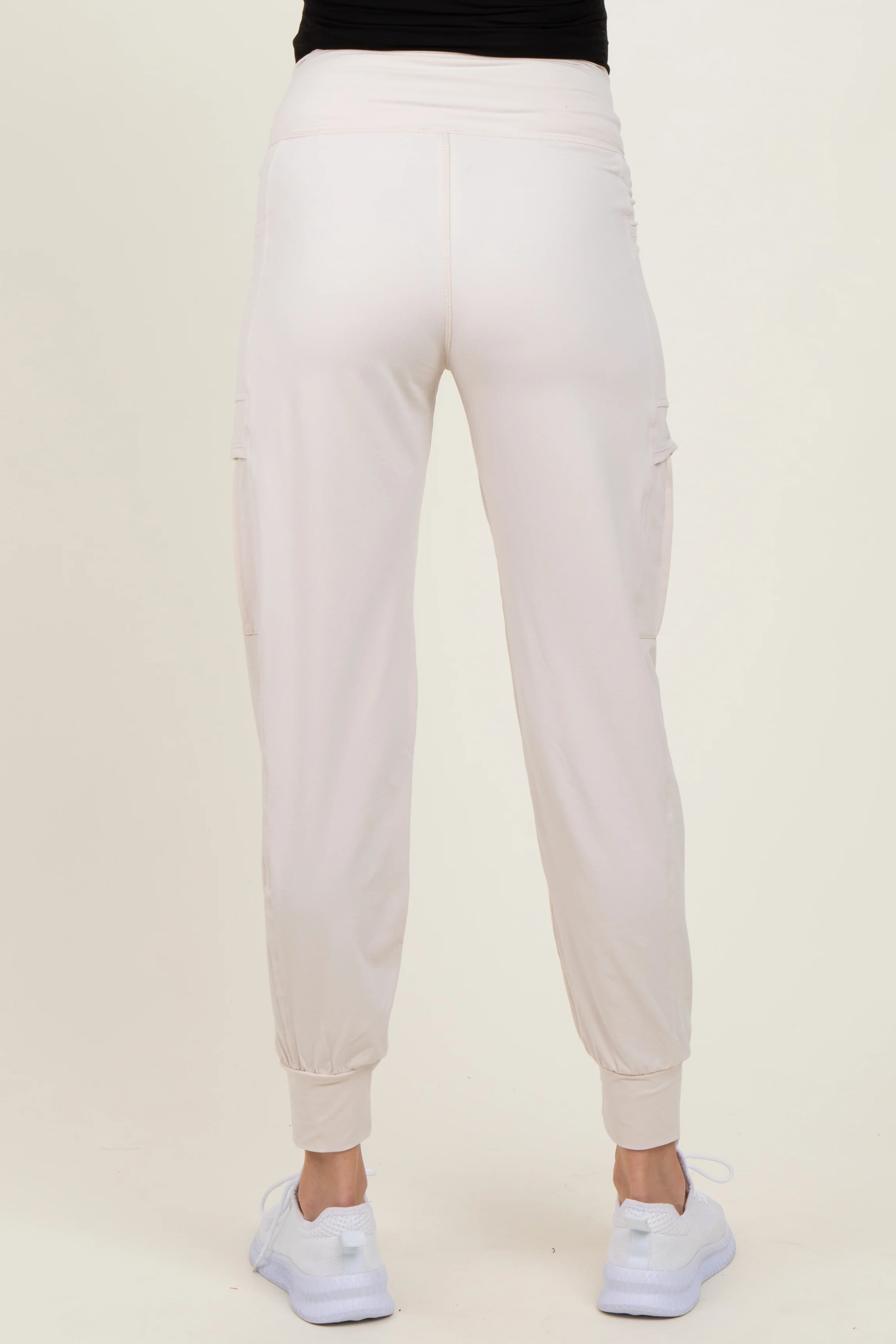 Cream Cargo Pocket Maternity Jogger Pants - Image 5