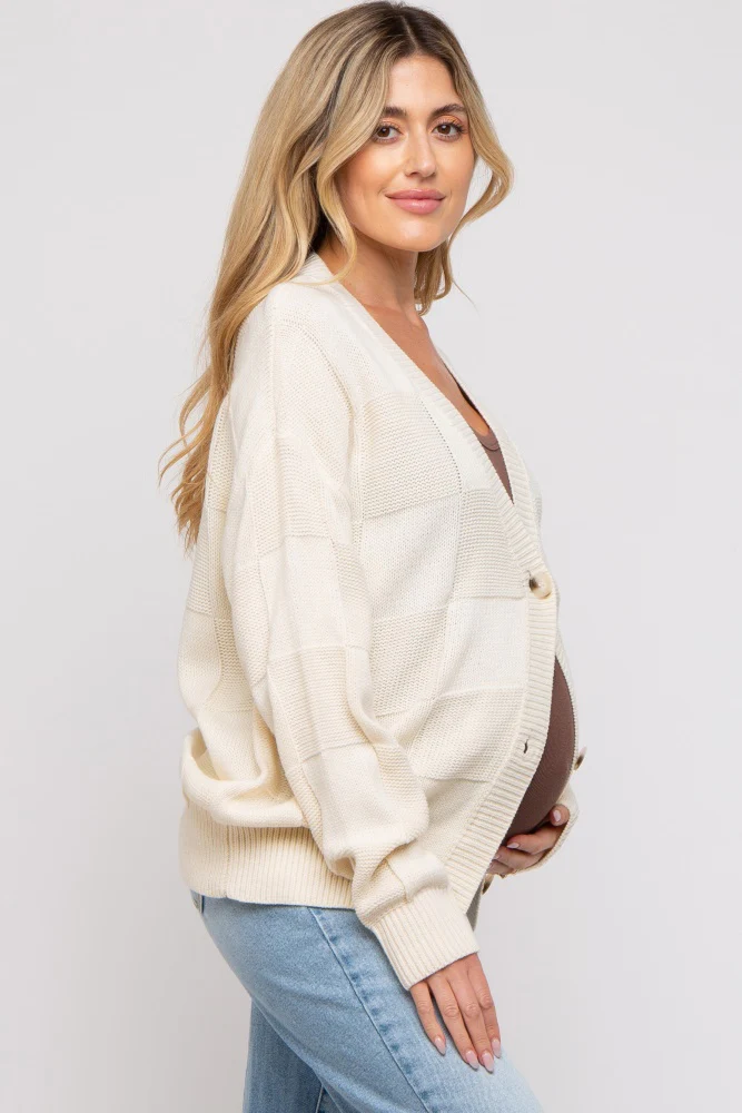Cream Checkered Knit Button Front Maternity Cardigan - Image 3