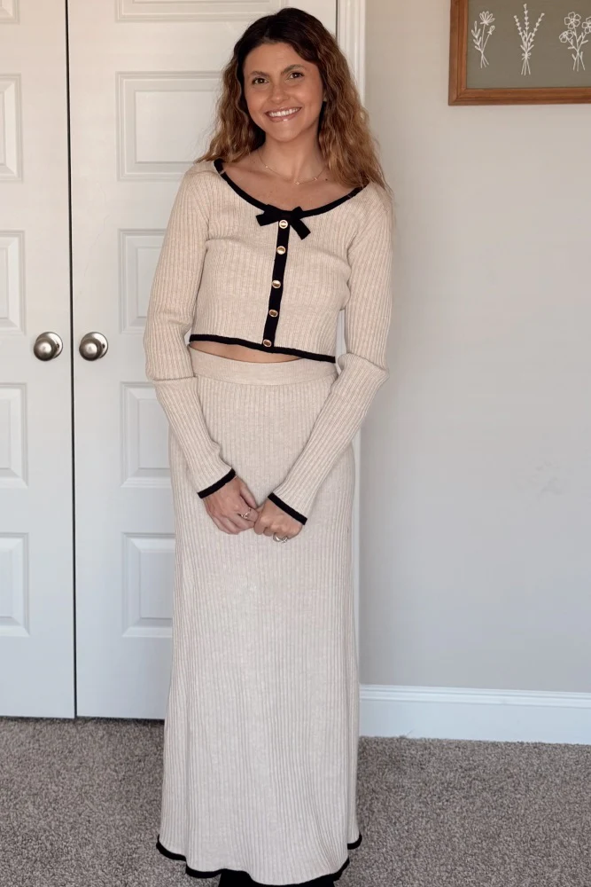 Cream Contrast Bow Ribbed Knit Crop Top And Midi Skirt Set - Image 6