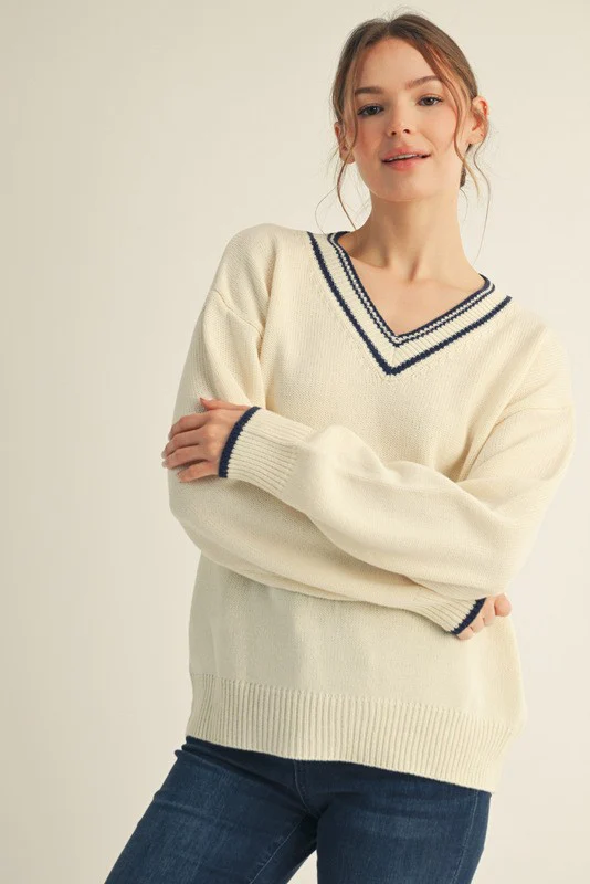Cream Contrast Detail V-Neck Maternity Sweater - Image 6