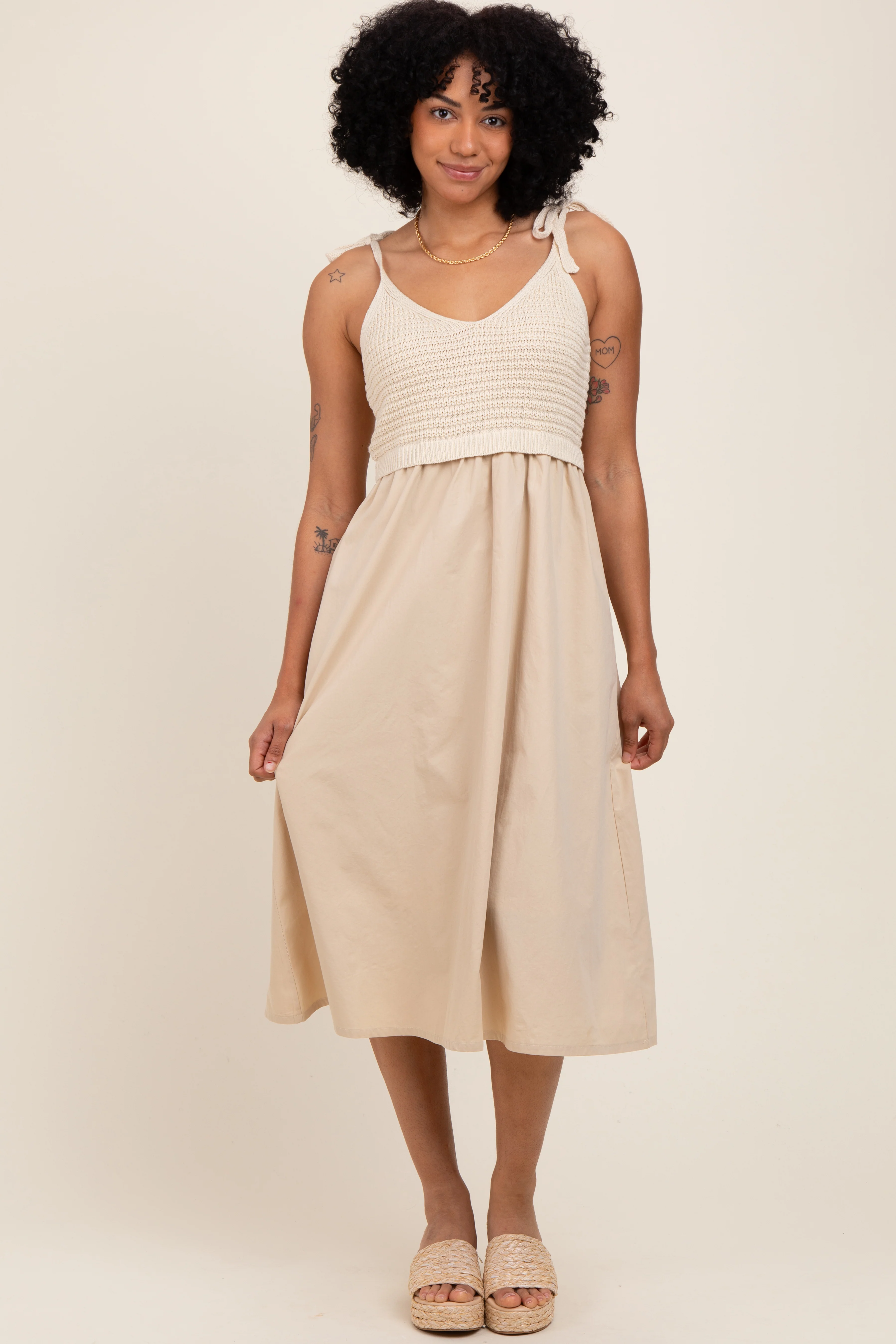 Cream Contrast Knit Bodice Maternity Midi Dress - Image 4