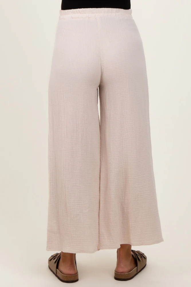 Cream Cotton Gauze Wide Leg Maternity Pants - Image 5