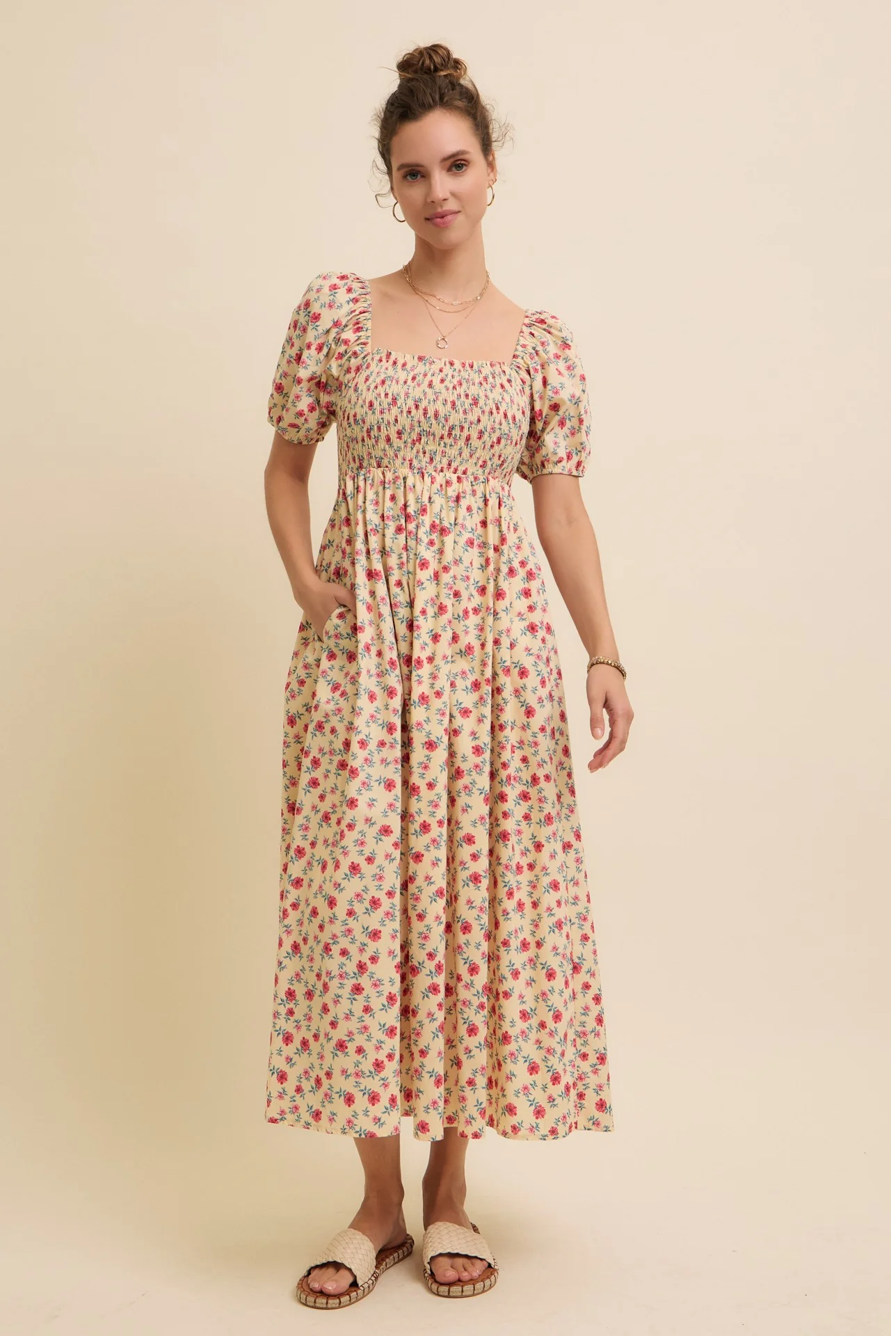 Cream Cotton Poplin Floral Smocked Maternity Midi Dress - Image 4