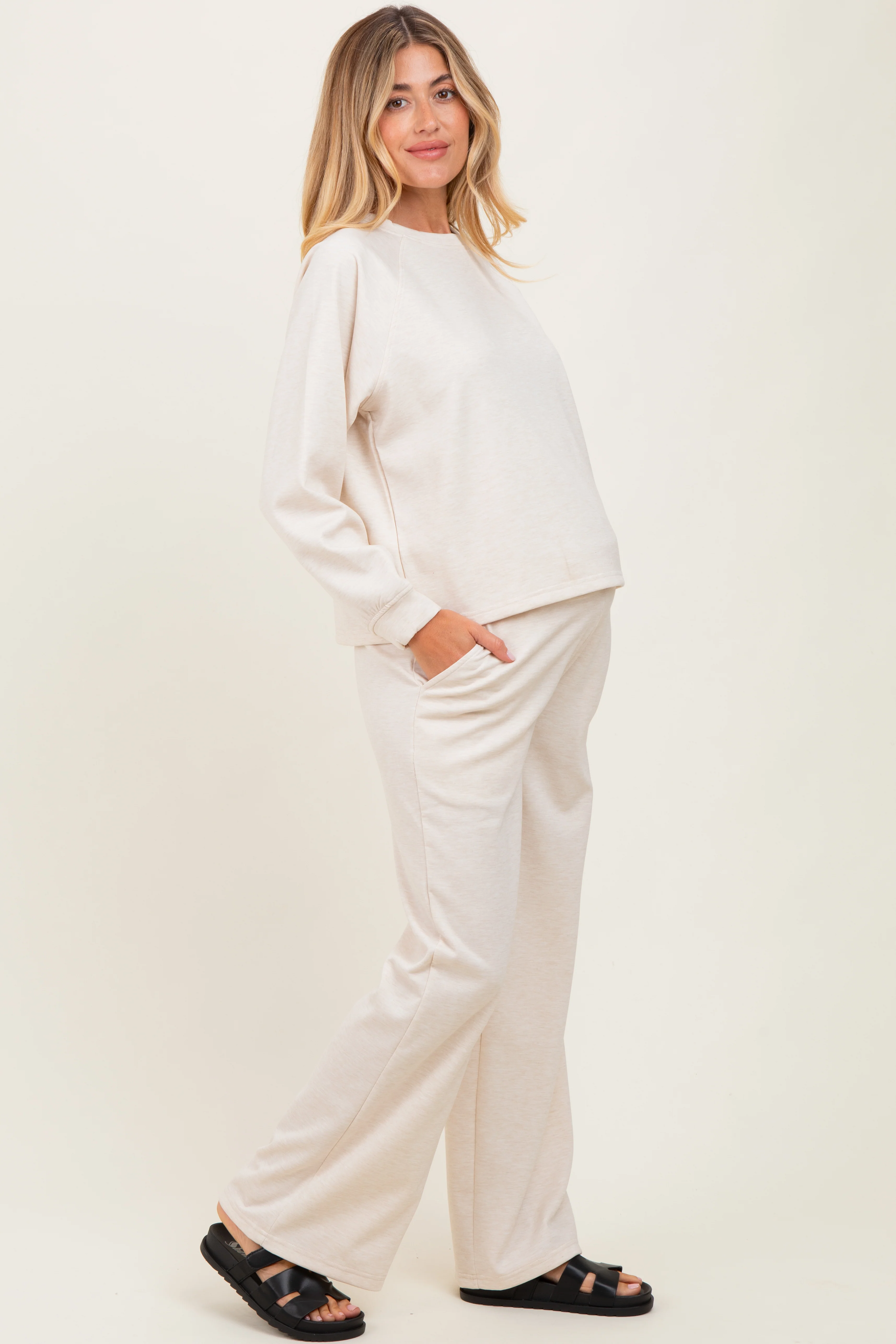 Cream Crewneck Pullover Pant Maternity Set - Image 3
