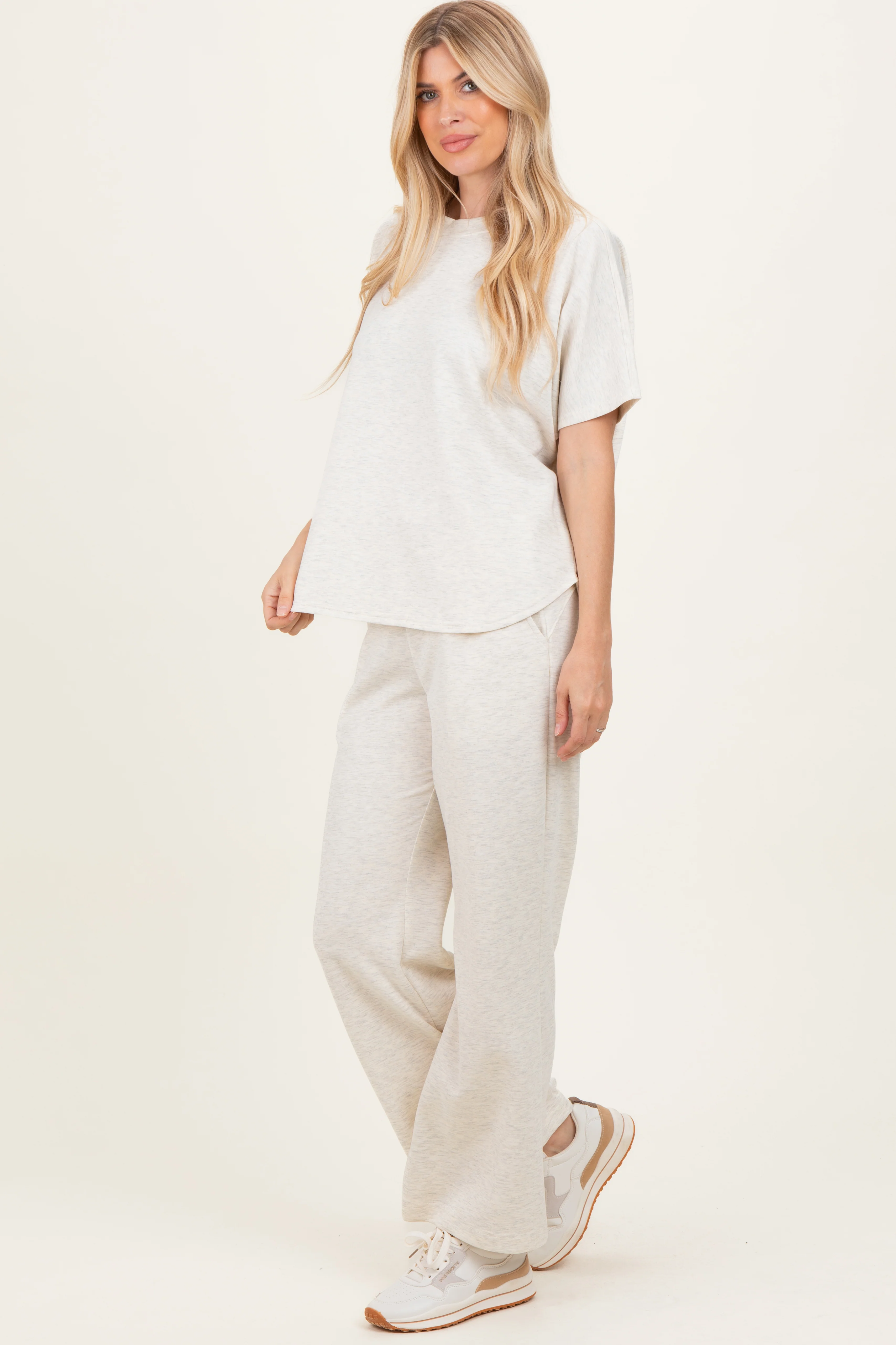 Cream Curved Hem Tee Pants Maternity Set - Image 3
