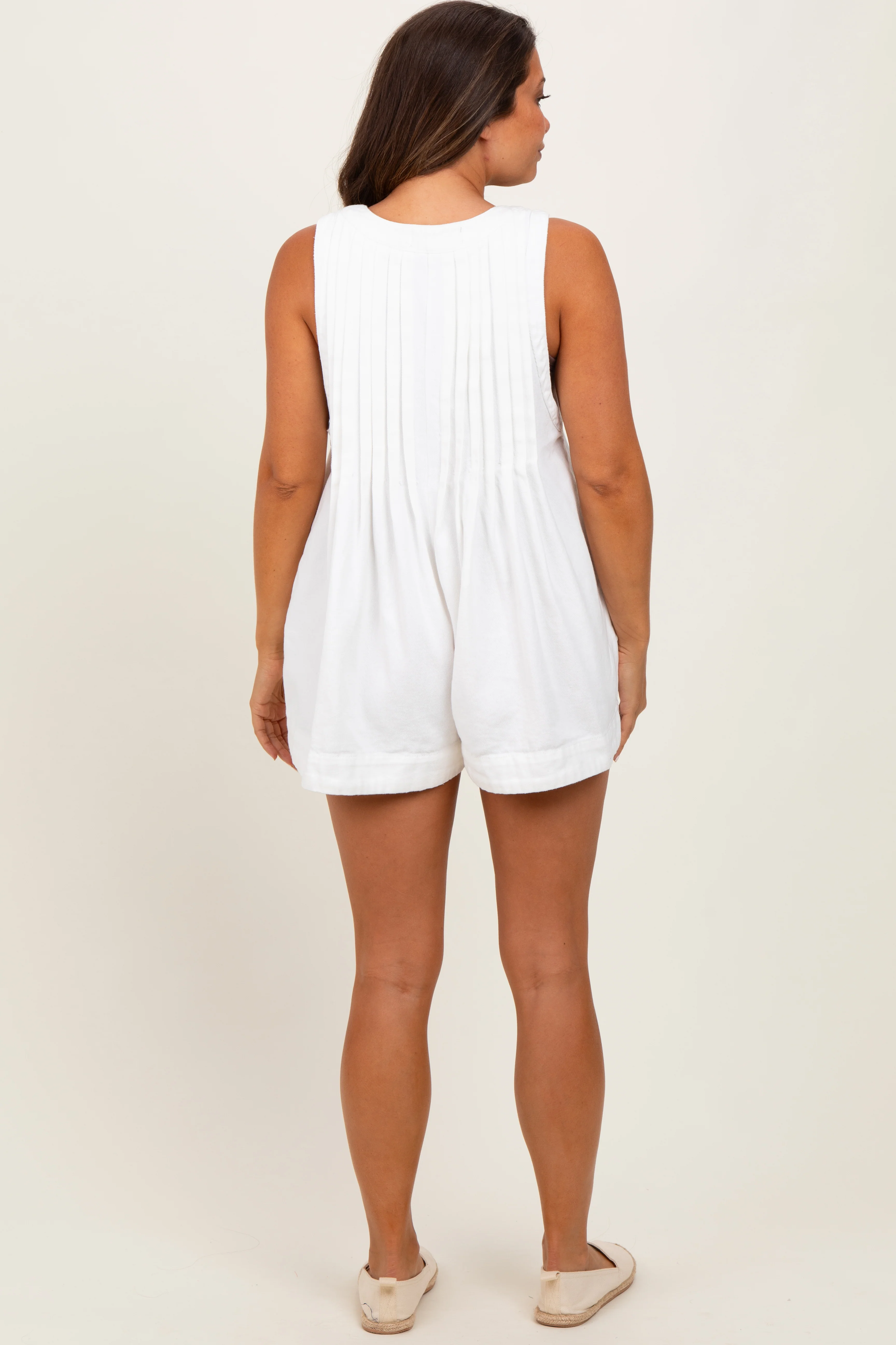 Cream Deep V-Neck Pleated Front Tie Sleeveless Maternity Romper - Image 3