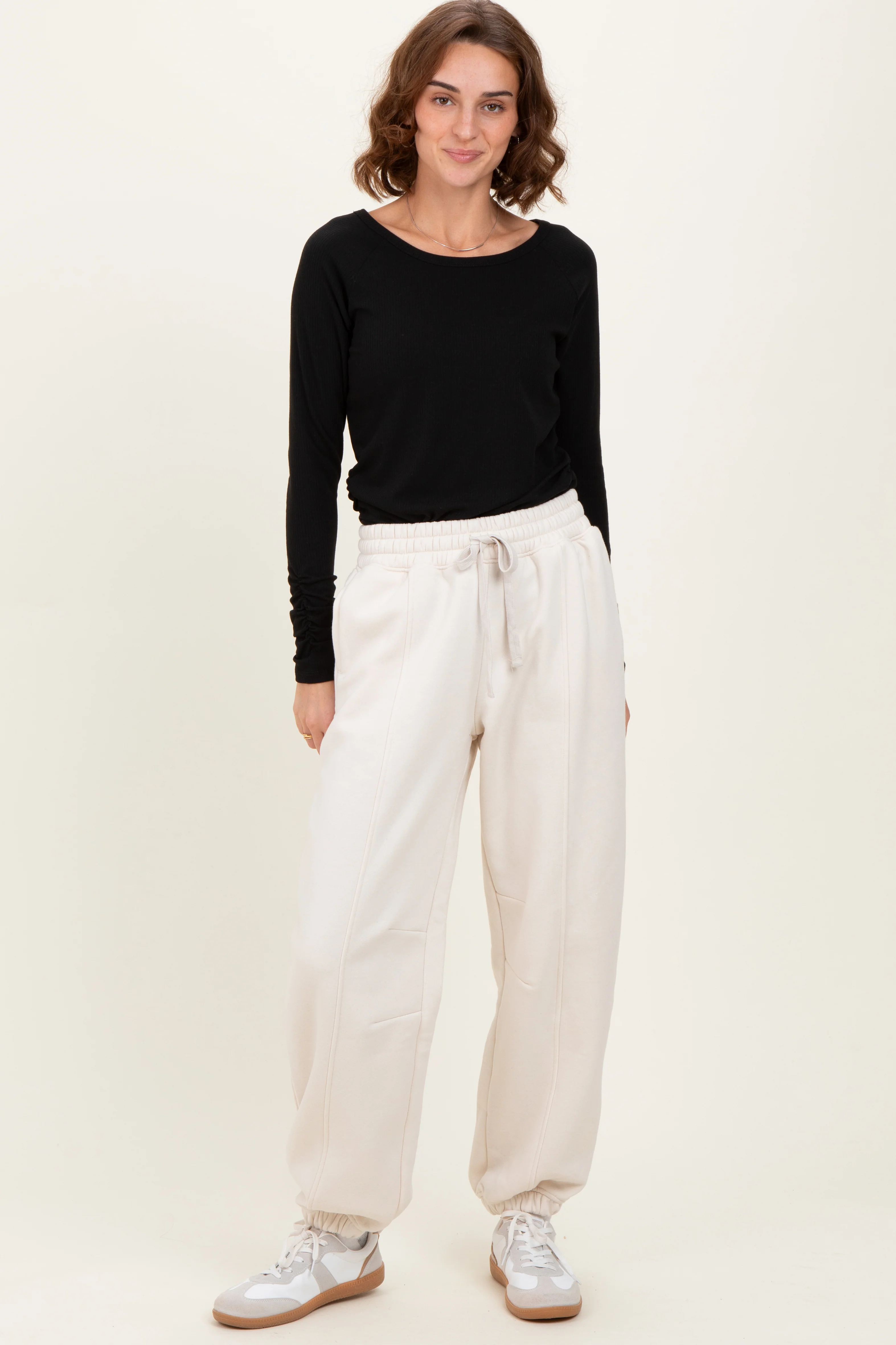 Cream Drawstring Relaxed Fit Maternity Sweatpants - Image 6