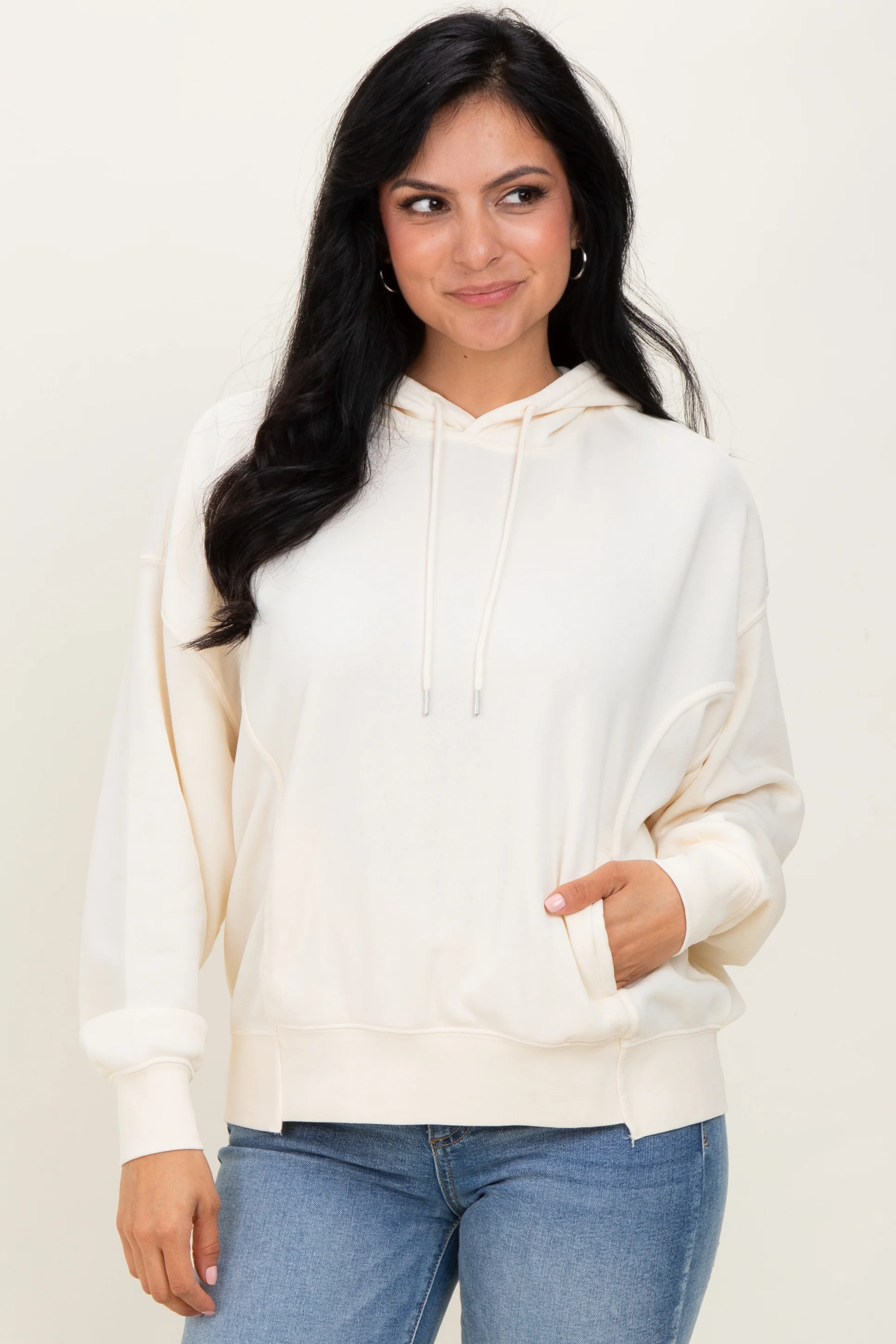 Cream Drop Shoulder Long Sleeve Oversized Maternity Hoodie - Image 4