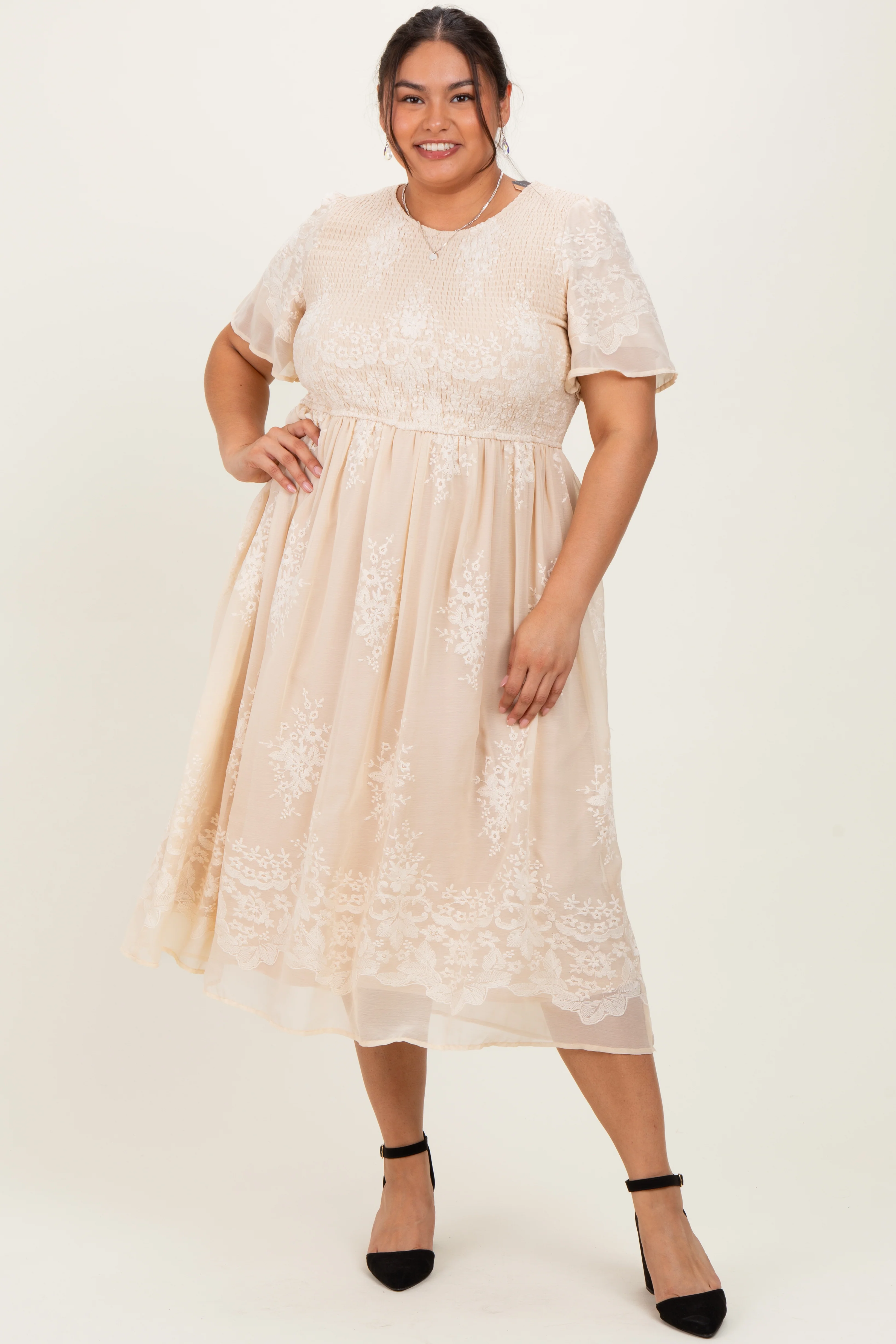 Cream Embroidered Smocked Maternity Plus Midi Dress - Image 5