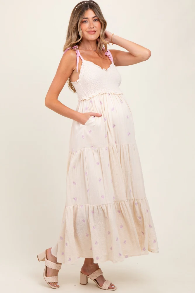 Cream Embroidered Smocked Shoulder Tie Maternity Maxi Dress - Image 3