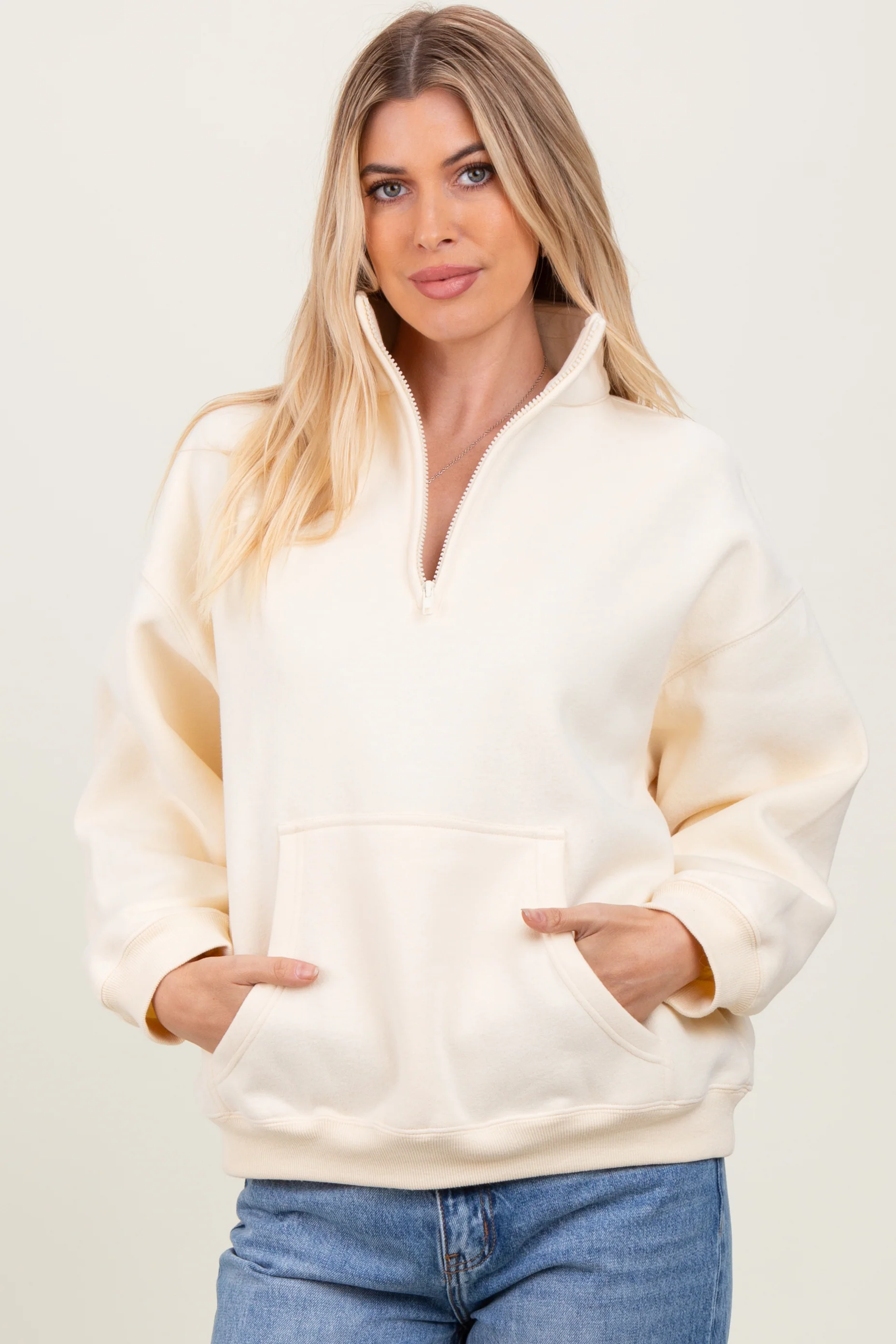 Cream Fleece Oversized Half Zip Pullover