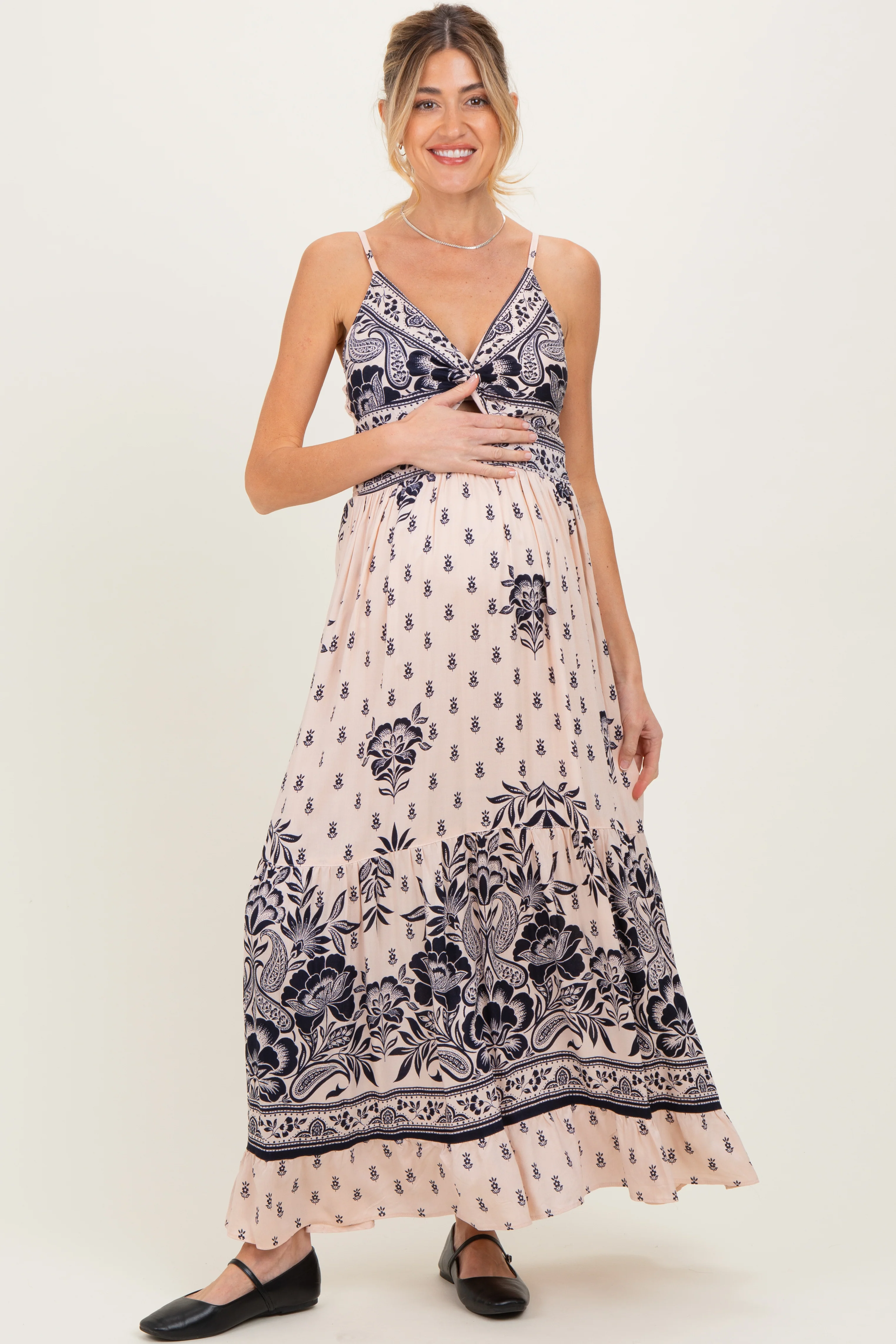 Cream Floral Border Twist Front Cutout Maternity Maxi Dress - Image 2