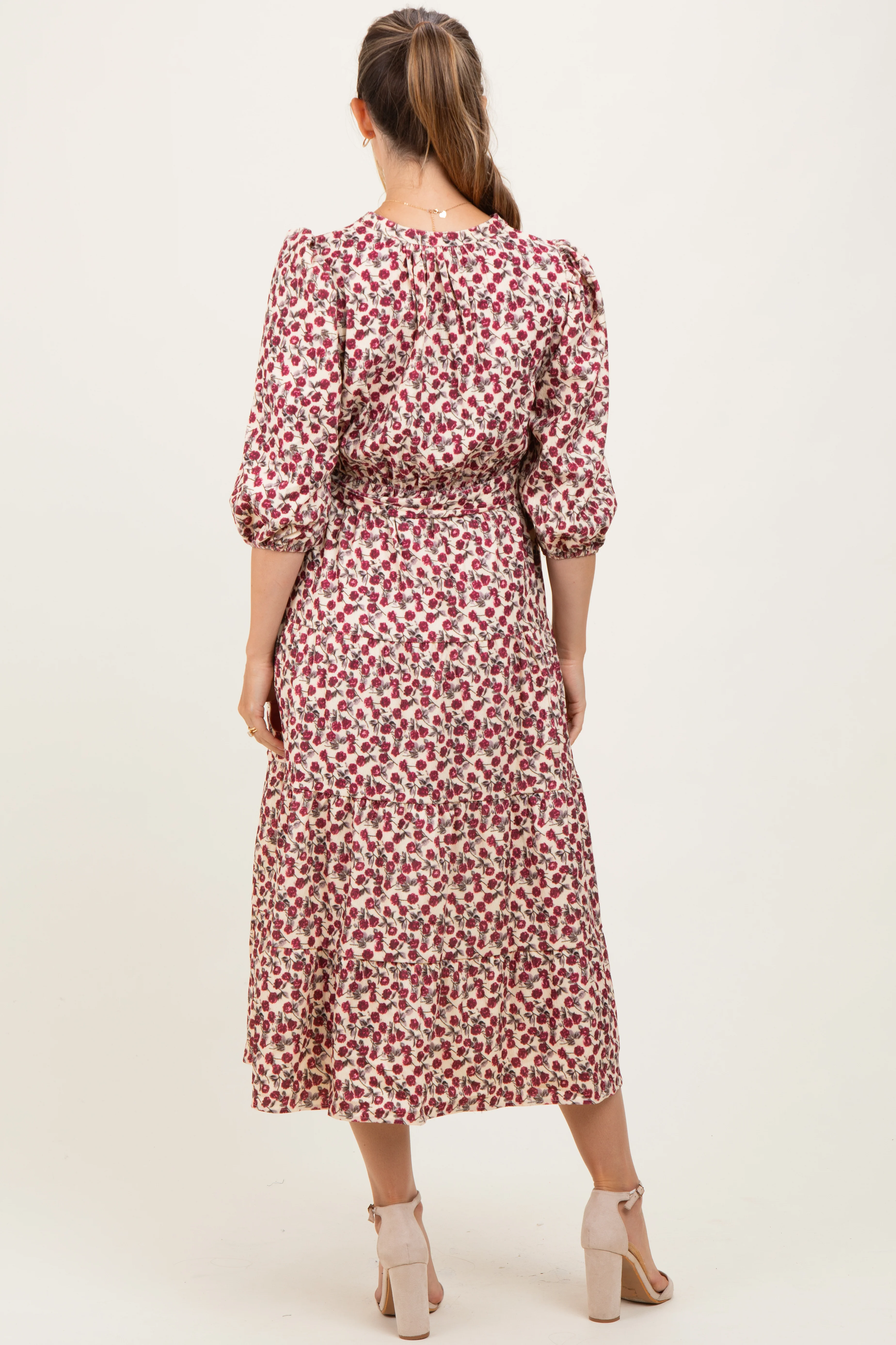 Cream Floral Button Down Front Tie Maternity Midi Dress - Image 4