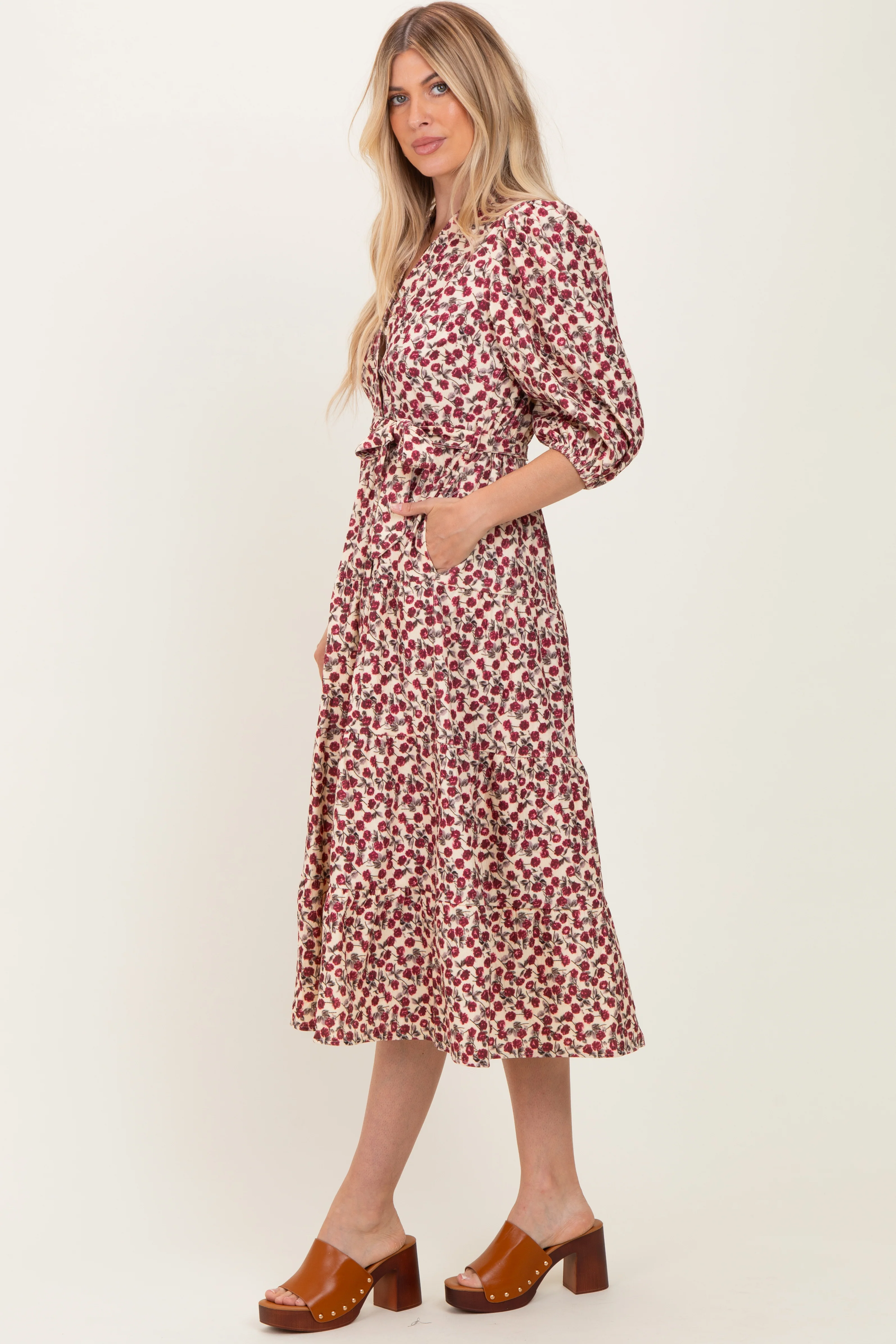 Cream Floral Button Down Front Tie Midi Dress - Image 3