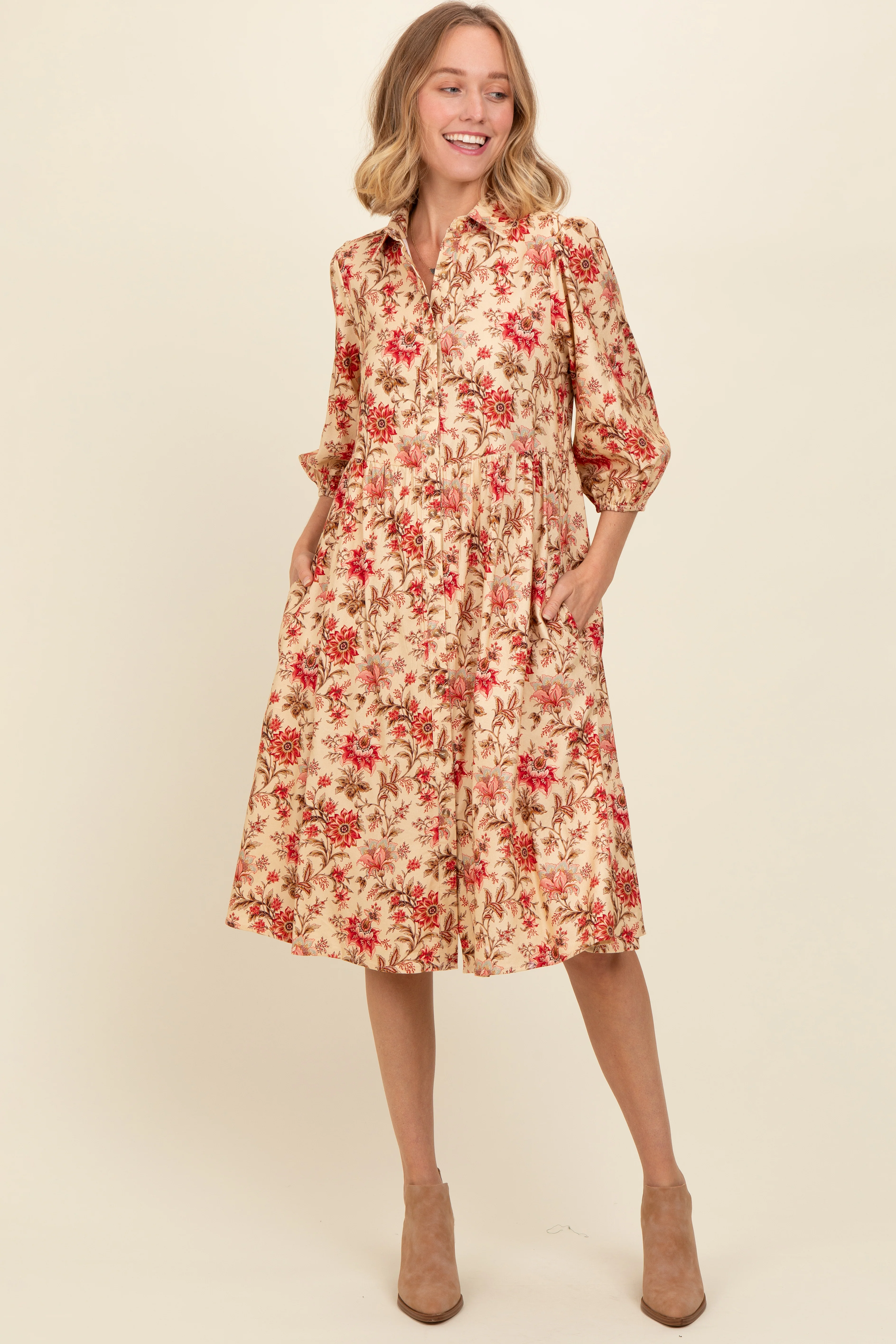 Cream Floral Button Down Maternity Midi Dress - Image 5