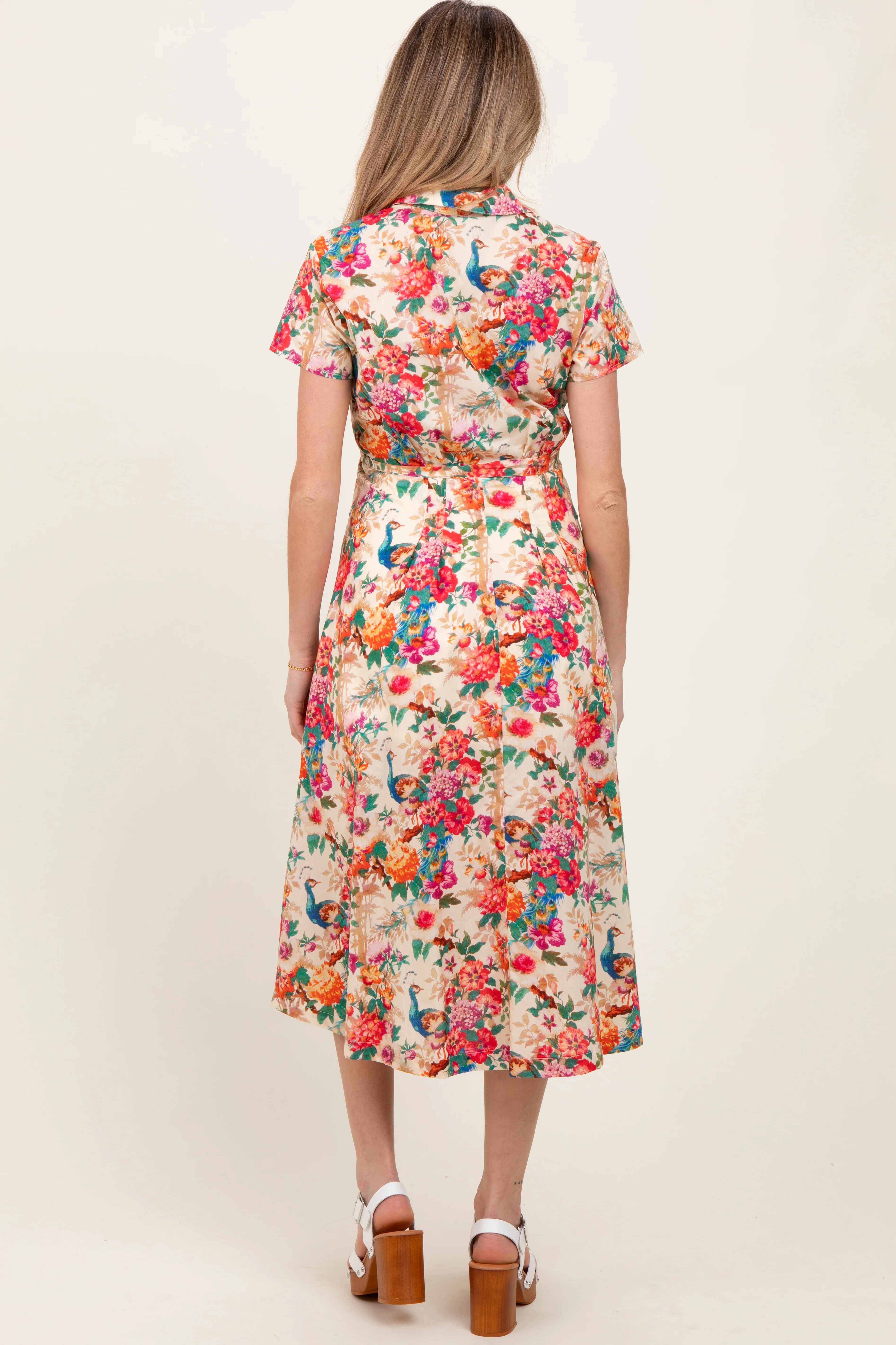Cream Floral Button Down Maternity Midi Shirt Dress - Image 4