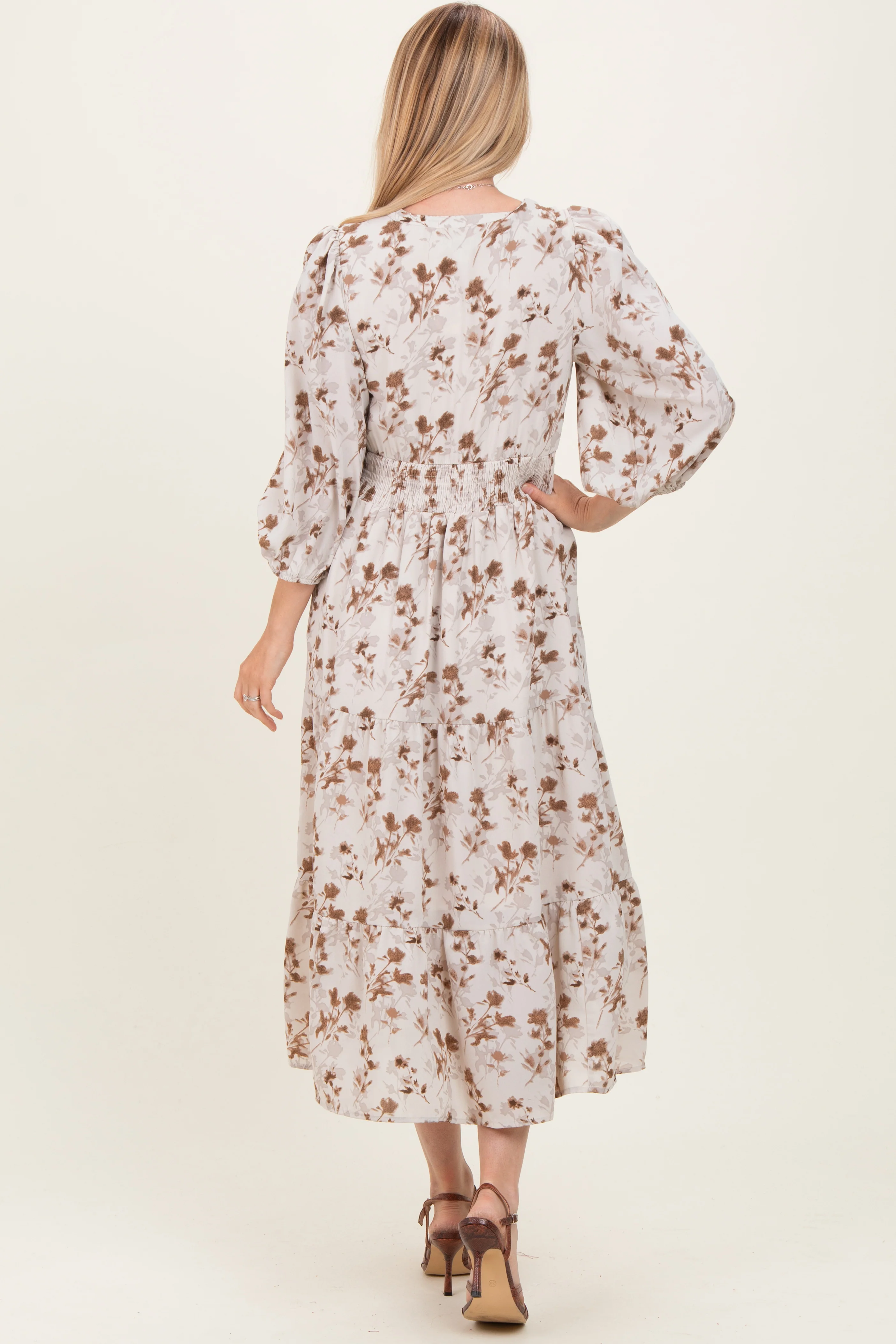 Cream Floral Button Front V-Neck Midi Dress - Image 3
