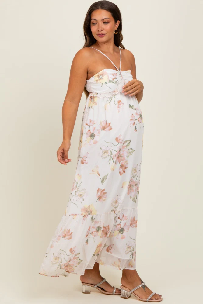 Cream Floral Chiffon Halter Maternity Maxi Dress - Image 2