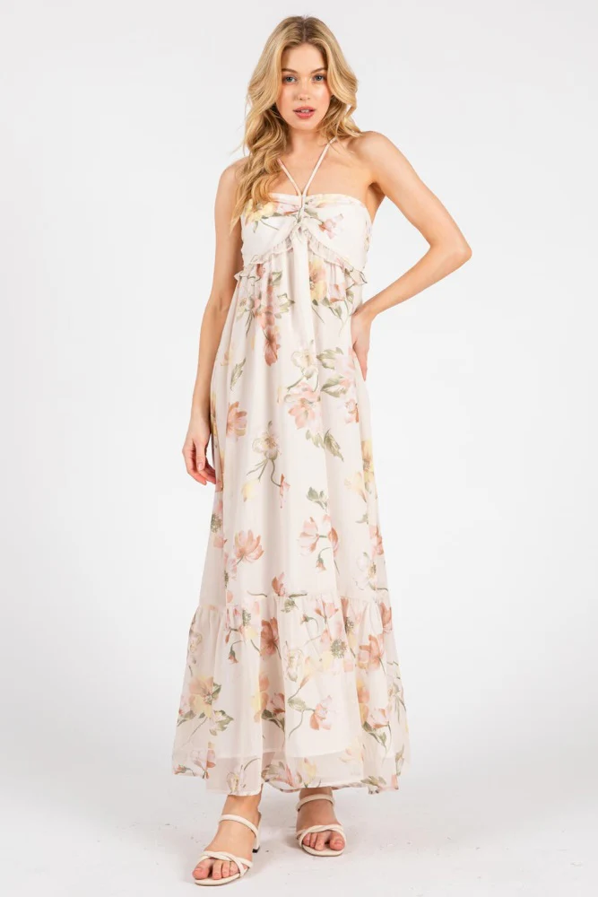 Cream Floral Chiffon Halter Maternity Maxi Dress - Image 4