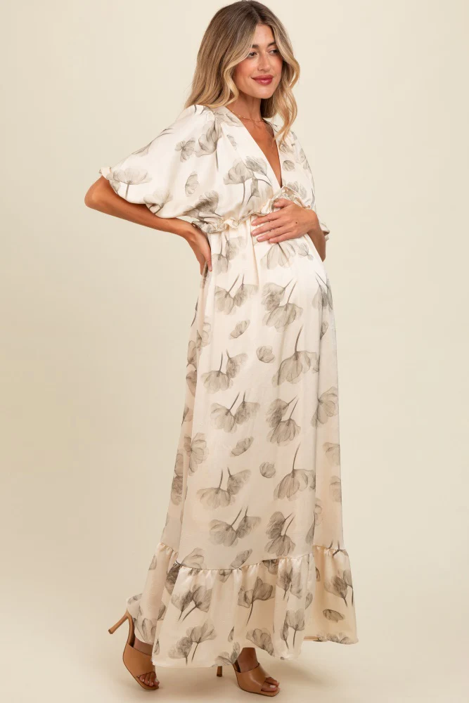 Cream Floral Chiffon Ruffle Accent Maternity Maxi Dress - Image 3