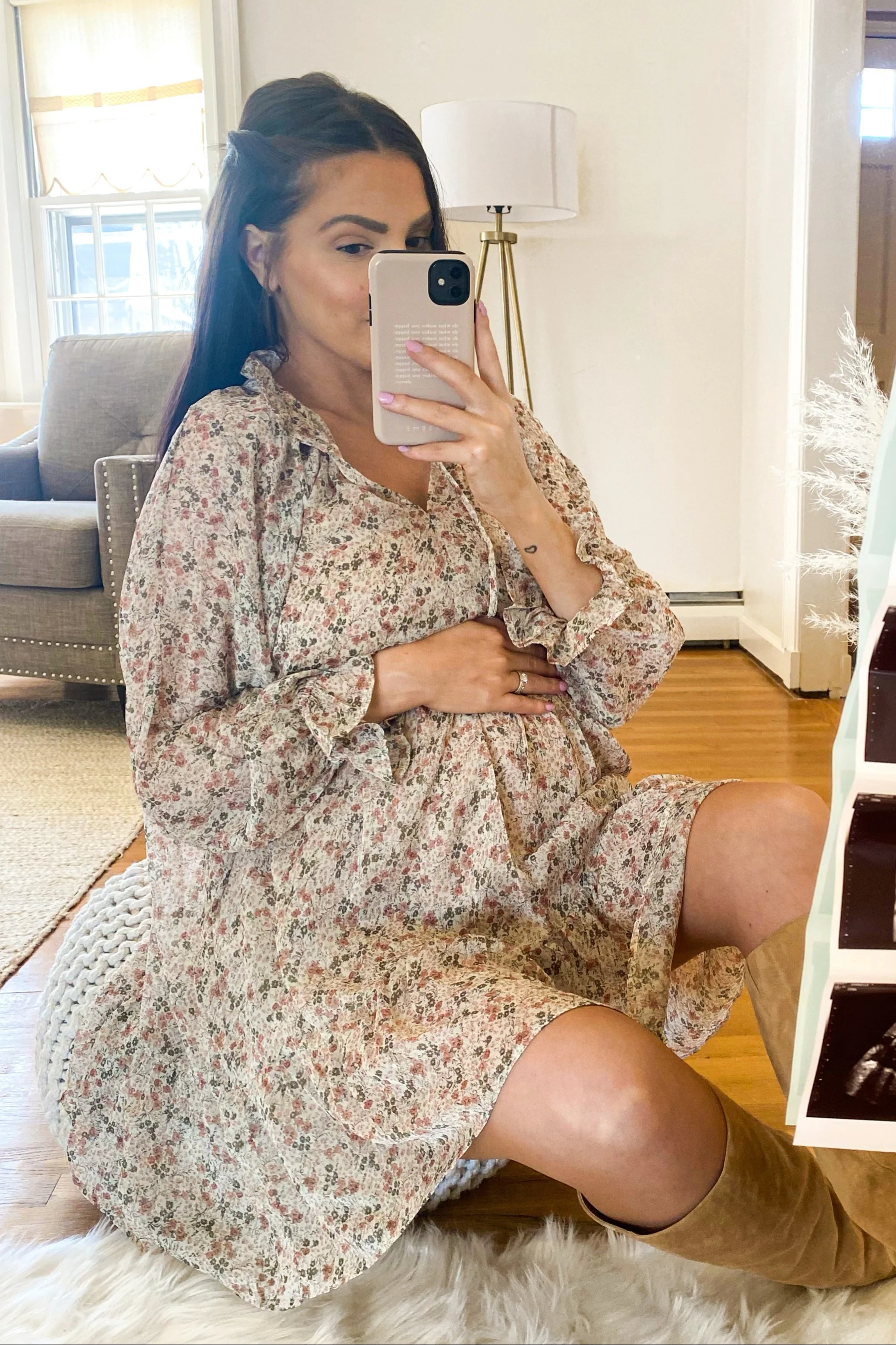 Cream Floral Chiffon Ruffle Hem Maternity Dress - Image 5