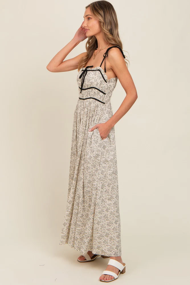 Cream Floral Contrast Ribbon Trim Maxi Dress - Image 3