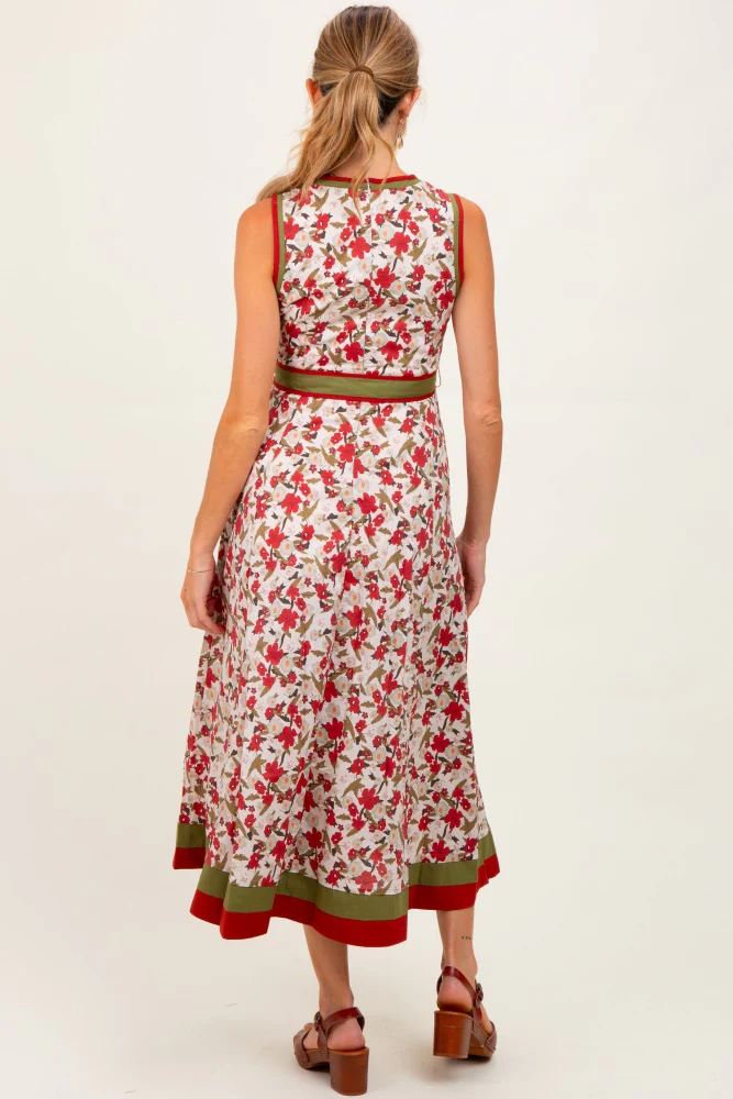Cream Floral Contrast Trim Sleeveless Maternity Midi Dress - Image 4