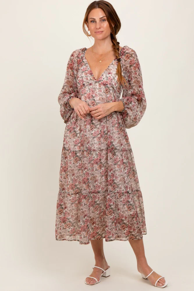 Cream Floral Deep V-Neck Tiered Maternity Maxi Dress - Image 5