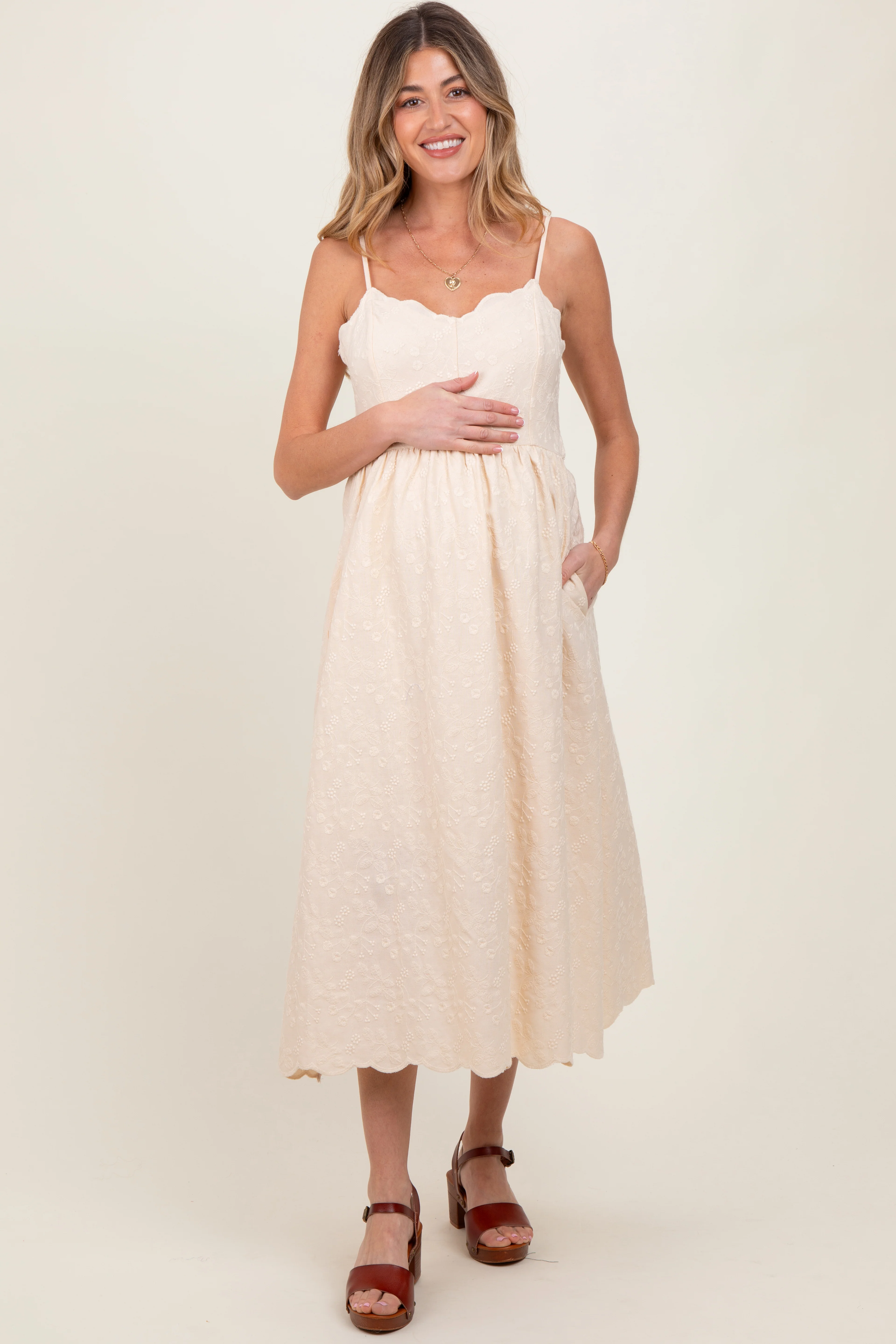 Cream Floral Embroidered Scallop Detail Maternity Midi Dress - Image 2