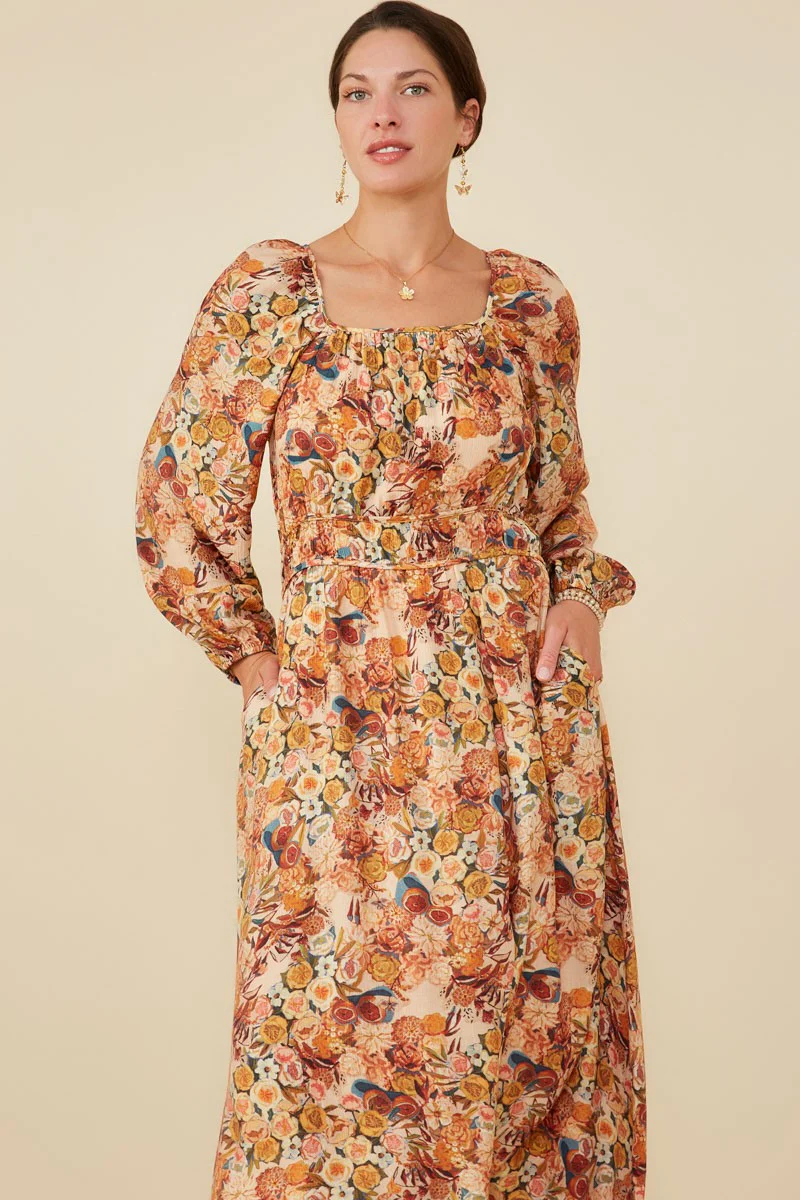 Cream Floral Fruit Smocked Waist Midi Dress - Image 3