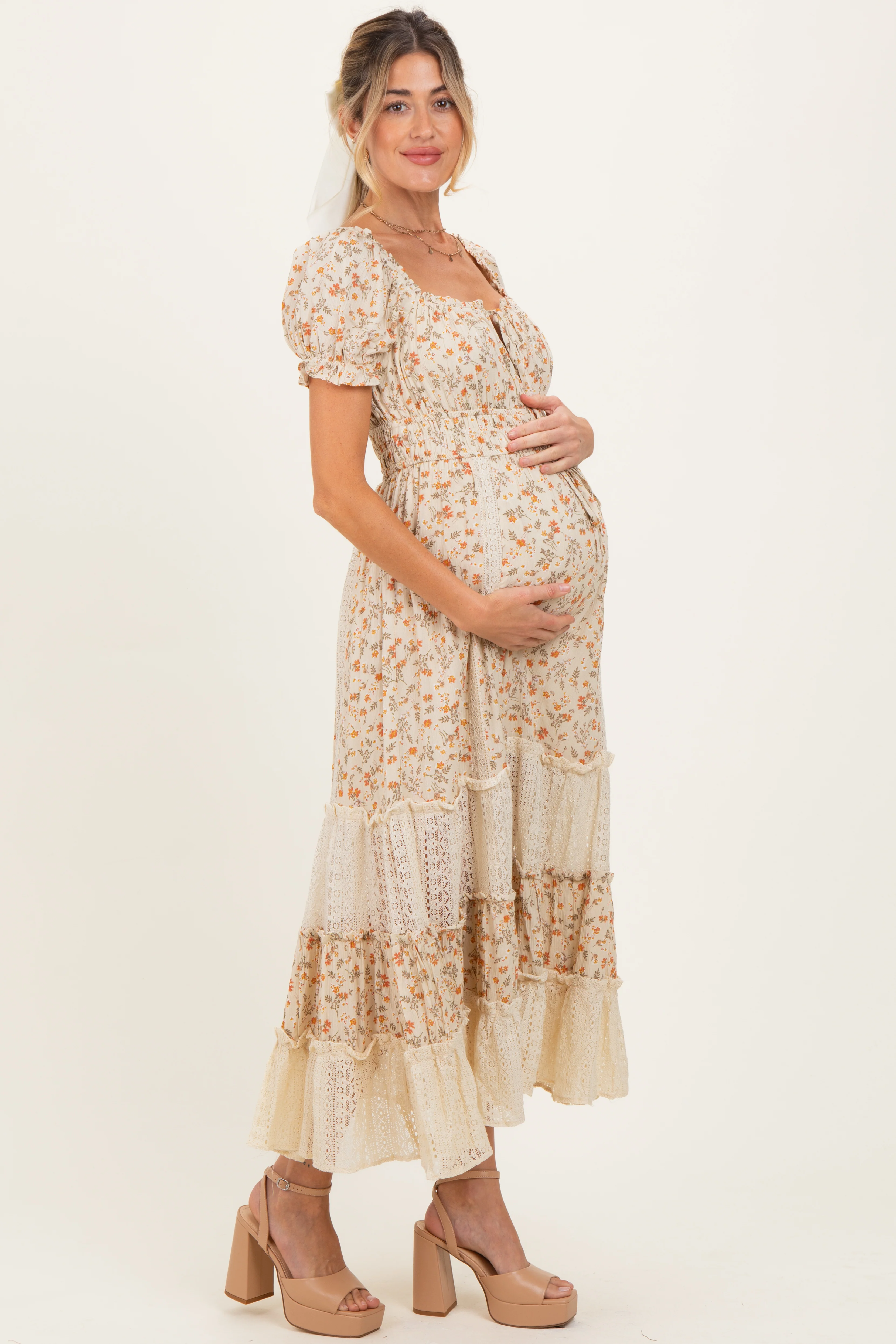 Cream Floral Lace Inset Puff Sleeve Maternity Maxi Dress - Image 3