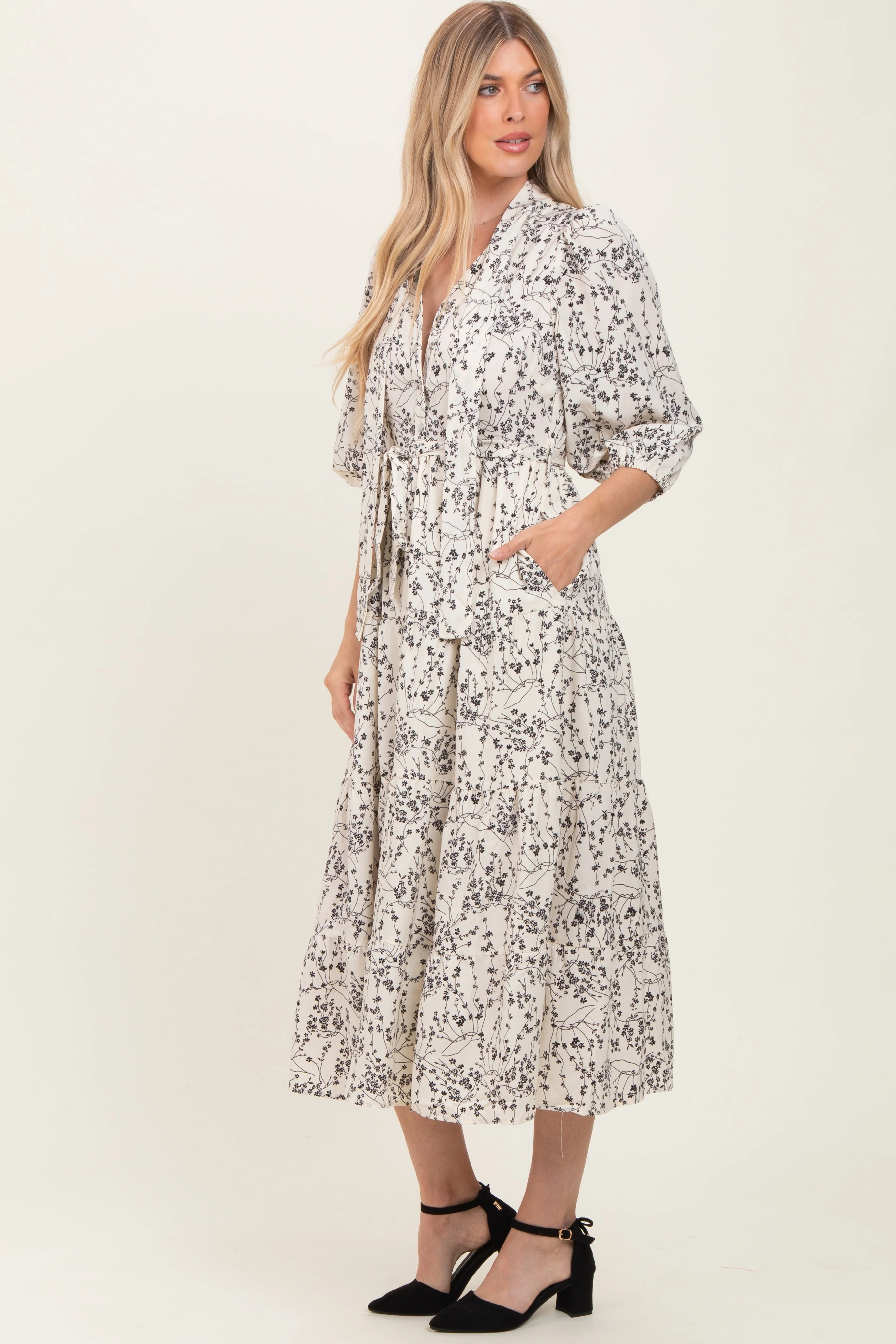 Cream Floral Neck Tie Midi Dress - Image 2