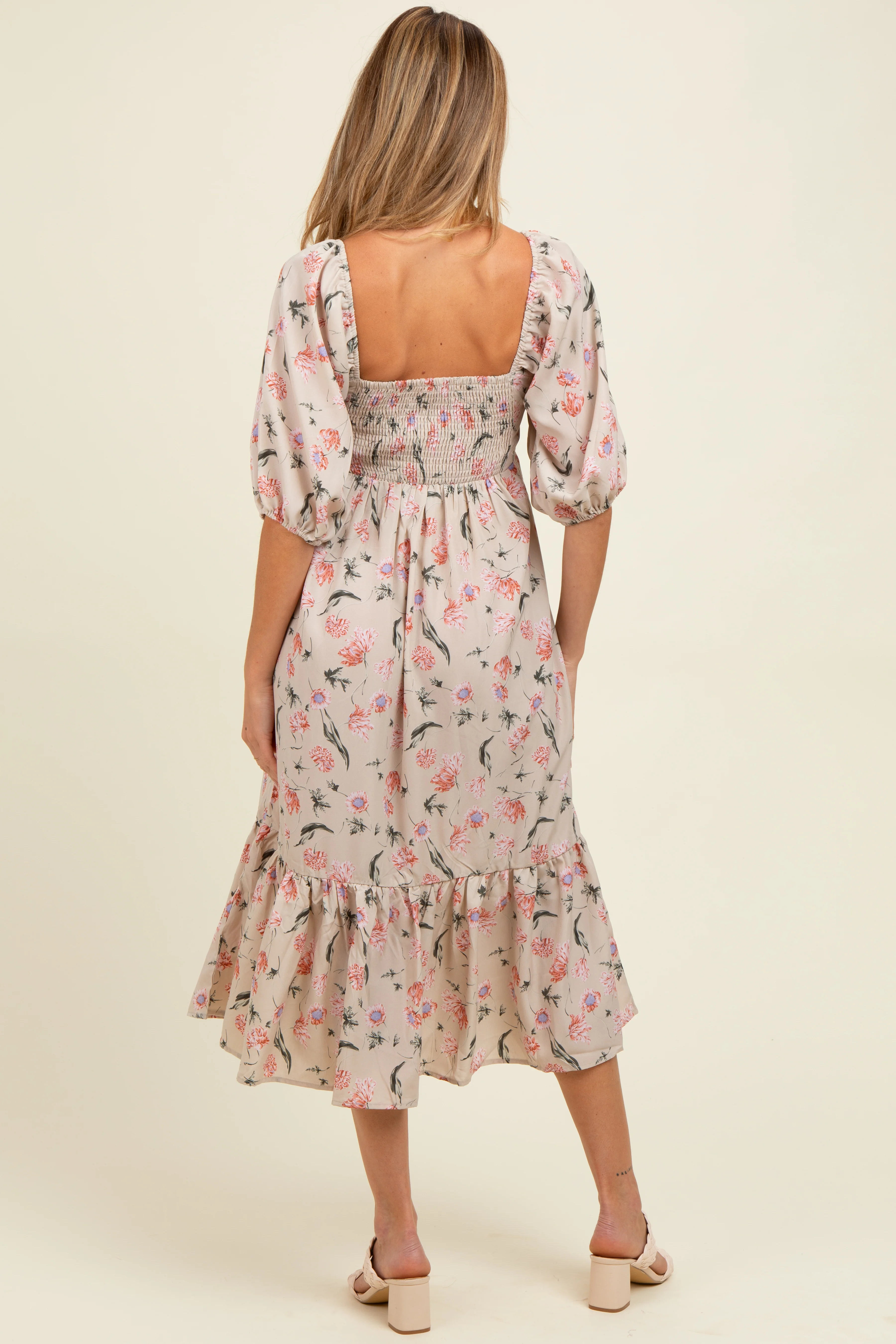 Cream Floral Pleated Bodice 3/4 Sleeve Maternity Midi Dress - Image 4